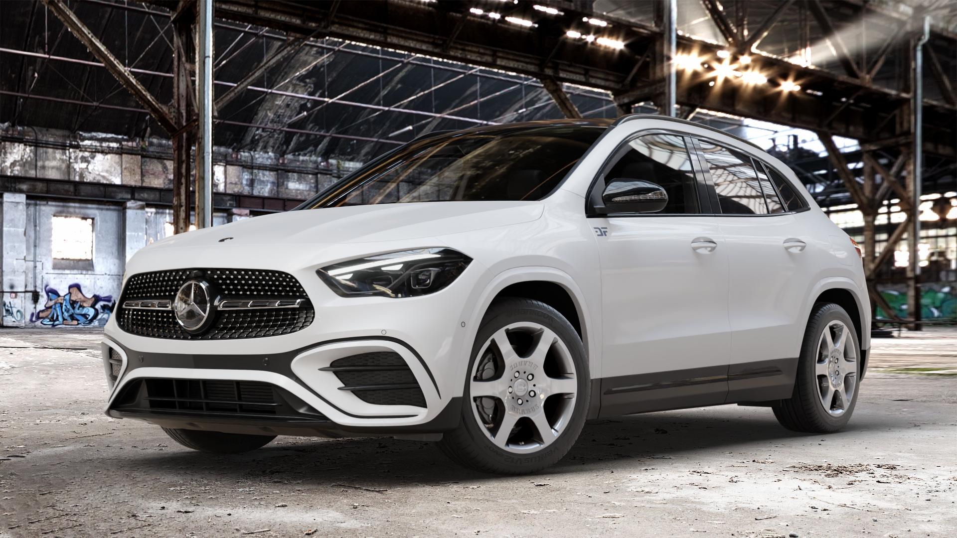 Brabus Monoblock A Silber lackiert Felge mit Reifen in 18Zoll Winterfelge Alufelge auf weissem Mercedes GLA-Klasse Typ F2B Facelift ⬇️ mit 15mm Tieferlegung ⬇️ Old Industrial Hall_max_4400mm_2024 Frontansicht_1