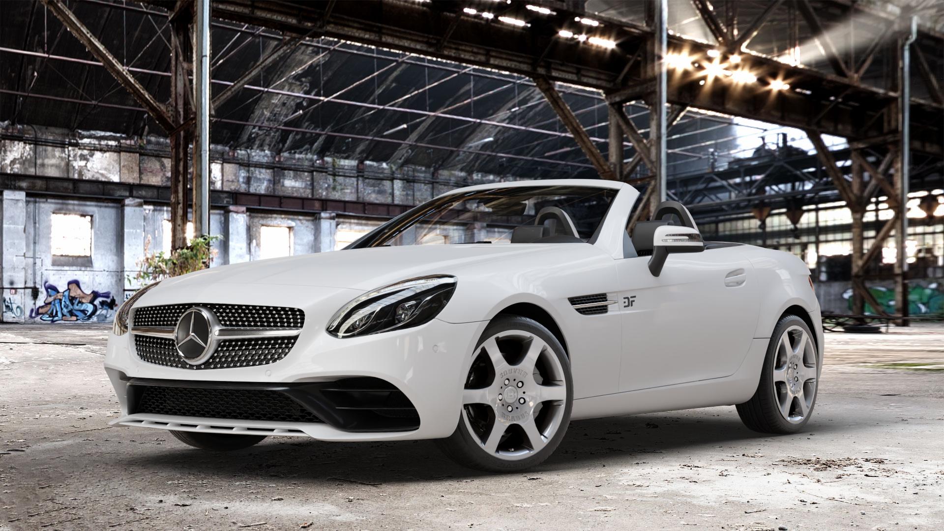 Brabus Monoblock A Silber lackiert Felge mit Reifen in 18Zoll Winterfelge Alufelge auf weissem Mercedes SLK Typ R172 ⬇️ mit 15mm Tieferlegung ⬇️ Old Industrial Hall_max_4400mm_2024 Frontansicht_1