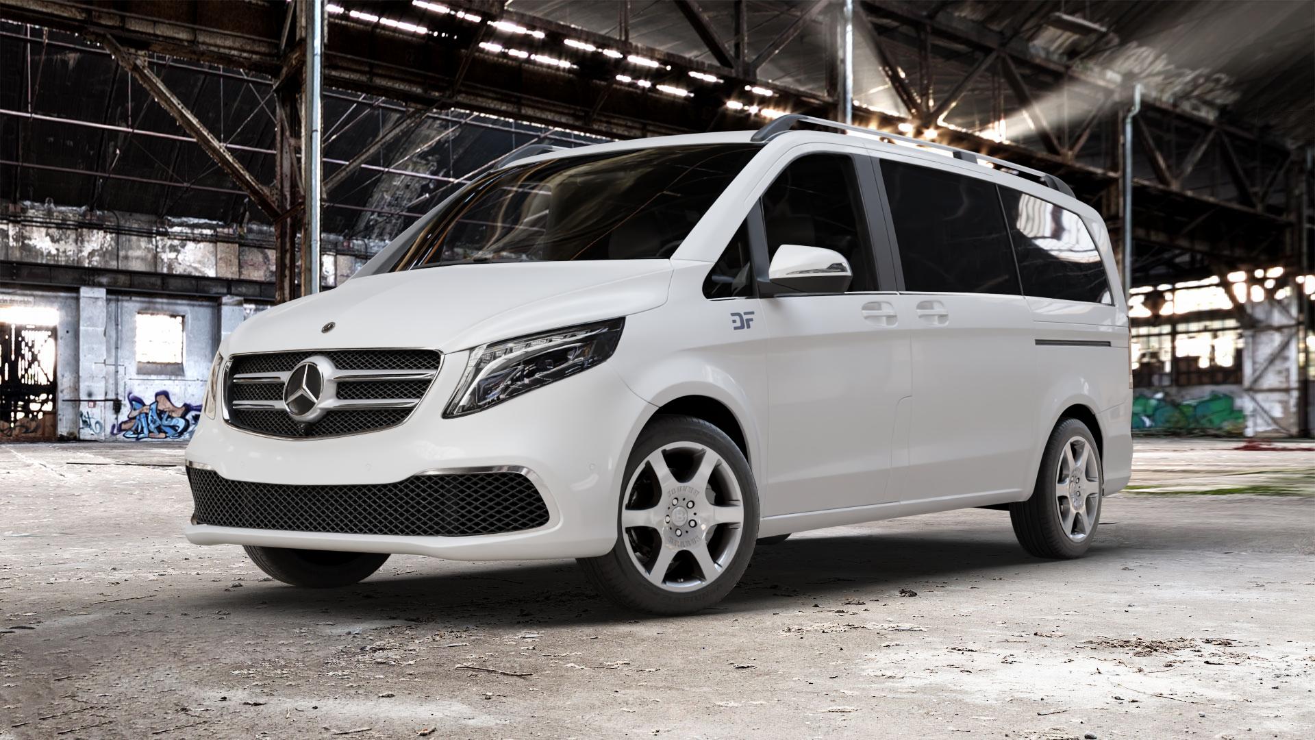 Brabus Monoblock A Silber lackiert Felge mit Reifen in 18Zoll Winterfelge Alufelge auf weissem Mercedes V-Klasse Typ W447 Facelift Marco Polo Vito Tourer ⬇️ mit 15mm Tieferlegung ⬇️ Old Industrial Hall_max_5300mm_2024 Frontansicht_1