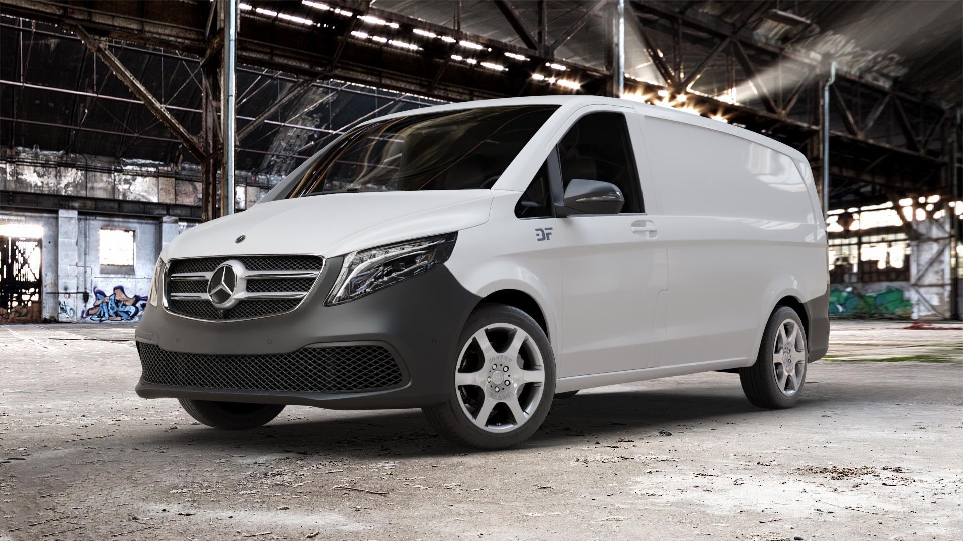 Brabus Monoblock A Silber lackiert Felge mit Reifen in 18Zoll Winterfelge Alufelge auf weissem Mercedes Vito Kasten Typ W447 Facelift ⬇️ mit 15mm Tieferlegung ⬇️ Old Industrial Hall_max_5300mm_2024 Frontansicht_1