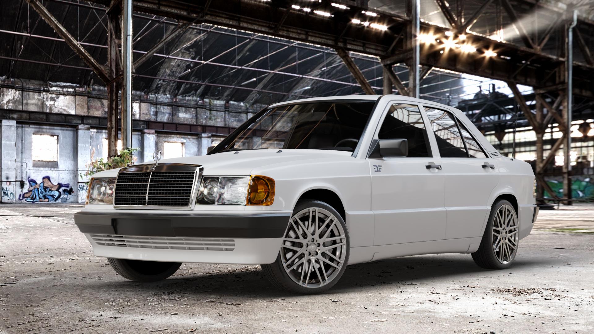 Brabus Monoblock F Liquid Titanium Felge mit Reifen grau anthrazit metallic in 18Zoll Winterfelge Alufelge auf weissem Mercedes 190 Typ W201 190er ⬇️ mit 15mm Tieferlegung ⬇️ Old Industrial Hall_max_4400mm_2024 Frontansicht_1