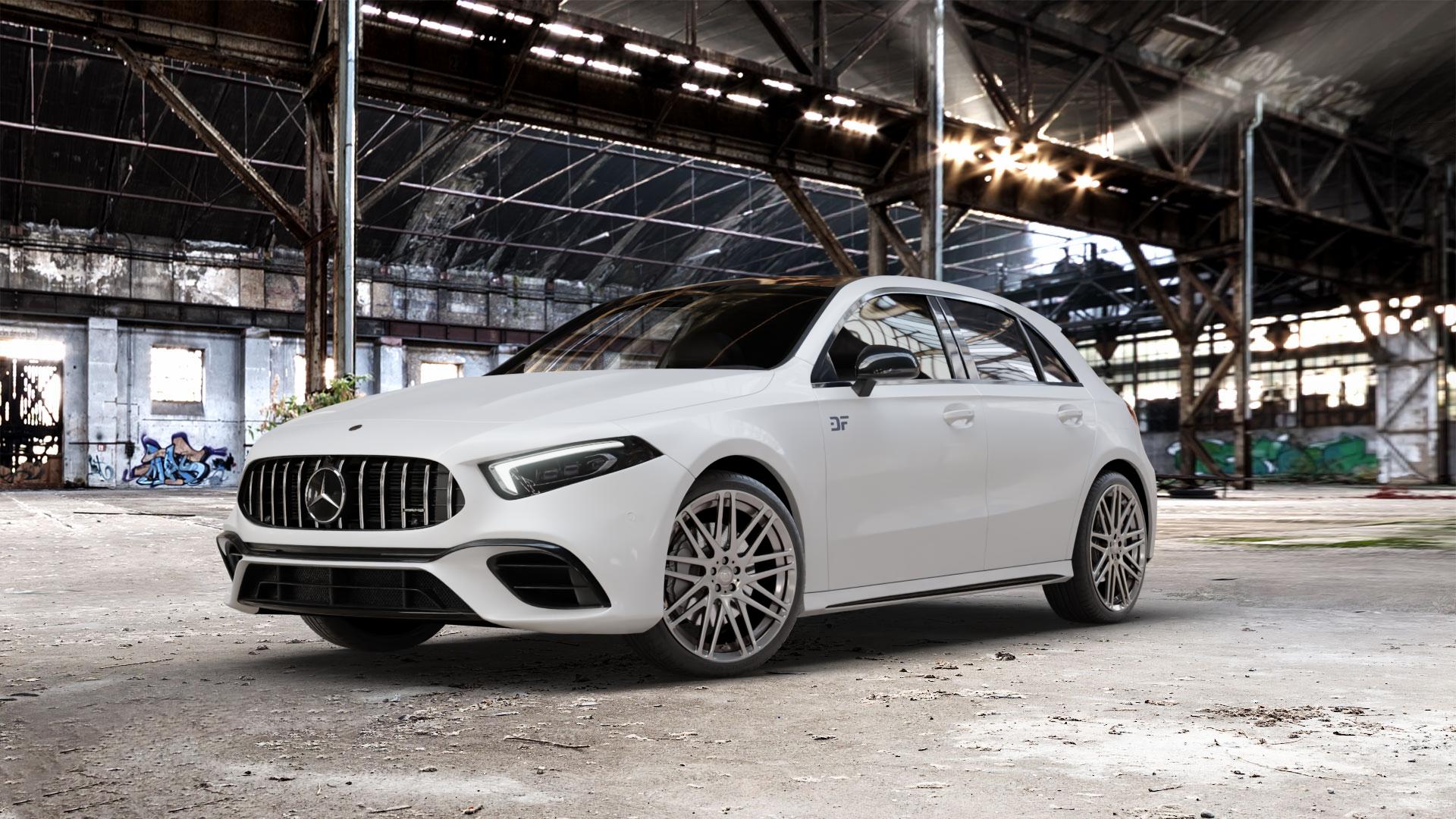 Brabus Monoblock F Liquid Titanium Felge mit Reifen grau anthrazit metallic in 19Zoll Winterfelge Alufelge auf weissem Mercedes A-Klasse IV Typ 177 (F2A) Schrägheck 2,0l AMG A 35 4Matic 225kW (306 PS) 45 285kW (387 S 310kW (421 Facelift Mild-Hybrid ⬇️ mit 15mm Tieferlegung ⬇️ Old Industrial Hall_max_5300mm_2024 Frontansicht_1