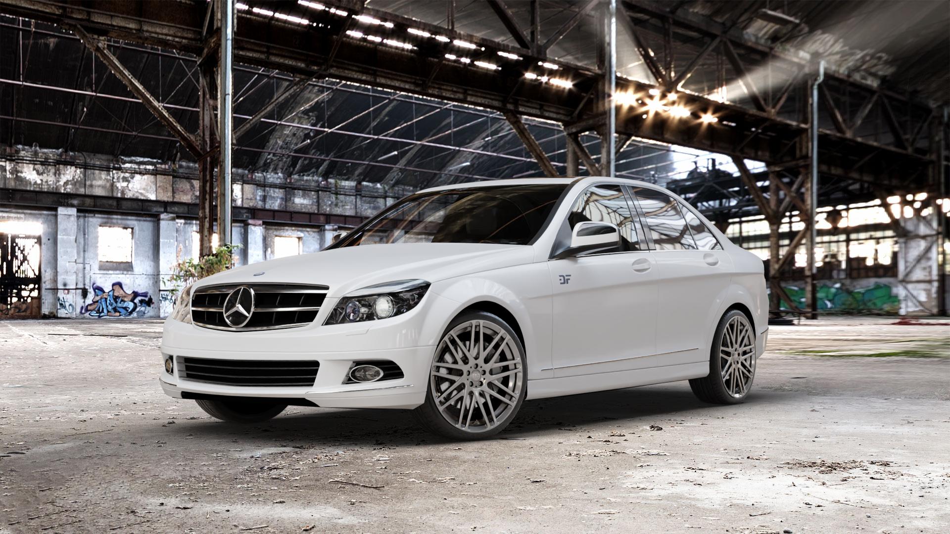 Brabus Monoblock F Liquid Titanium Felge mit Reifen grau anthrazit metallic in 19Zoll Winterfelge Alufelge auf weissem Mercedes C-Klasse Typ W204 Limousine ⬇️ mit 15mm Tieferlegung ⬇️ Old Industrial Hall_max_5300mm_2024 Frontansicht_1