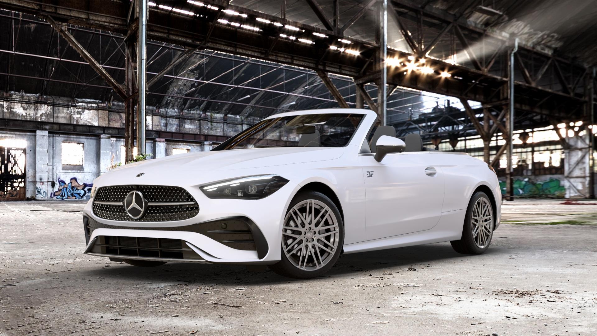 Brabus Monoblock F Liquid Titanium Felge mit Reifen grau anthrazit metallic in 19Zoll Winterfelge Alufelge auf weissem Mercedes CLE Typ C236 Cabrio 2,0l 180 125kW Mild-Hybrid (170 PS) 200 150kW (204 4Matic 220d 145kW (197 300 190kW (258 3,0l 450 280kW (381 AMG 53 330kW (449 ⬇️ mit 15mm Tieferlegung ⬇️ Old Industrial Hall_max_5300mm_2024 Frontansicht_1