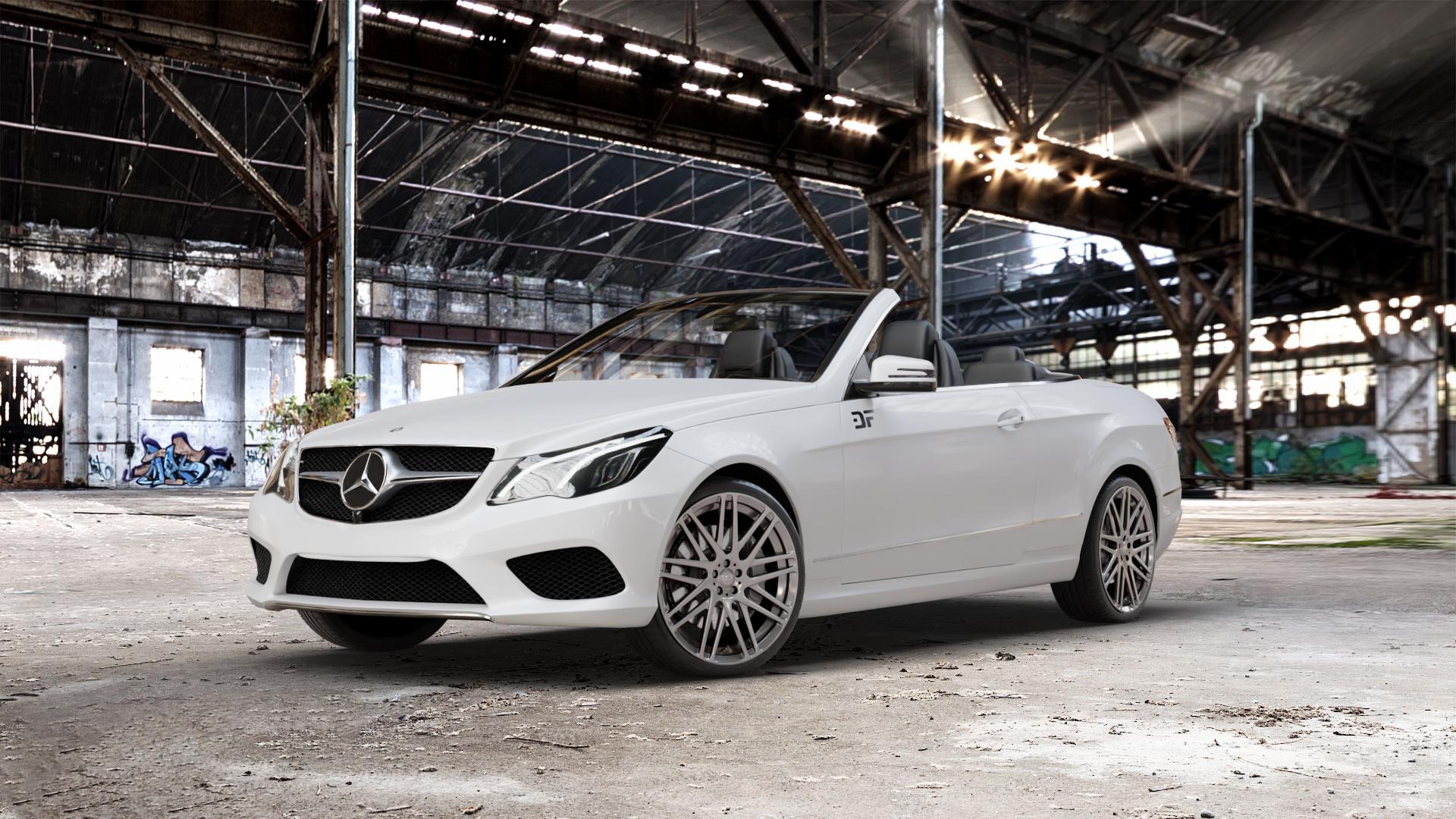 Brabus Monoblock F Liquid Titanium Felge mit Reifen grau anthrazit metallic in 19Zoll Winterfelge Alufelge auf weissem Mercedes E-Klasse Typ A207 Cabriolet Facelift Cabrio ⬇️ mit 15mm Tieferlegung ⬇️ Old Industrial Hall_max_5300mm_2024 Frontansicht_1