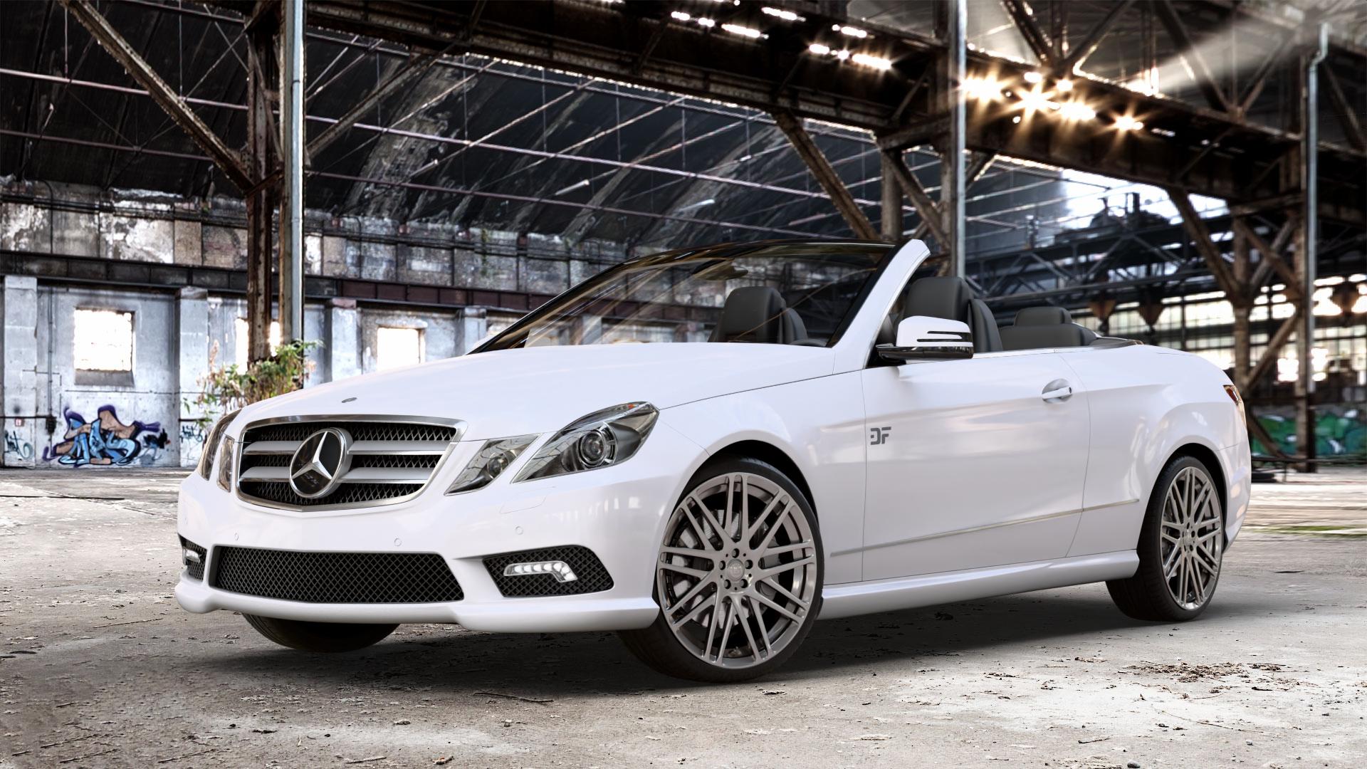 Brabus Monoblock F Liquid Titanium Felge mit Reifen grau anthrazit metallic in 19Zoll Winterfelge Alufelge auf weissem Mercedes E-Klasse Typ A207 Cabriolet ⬇️ mit 15mm Tieferlegung ⬇️ Old Industrial Hall_max_4400mm_2024 Frontansicht_1