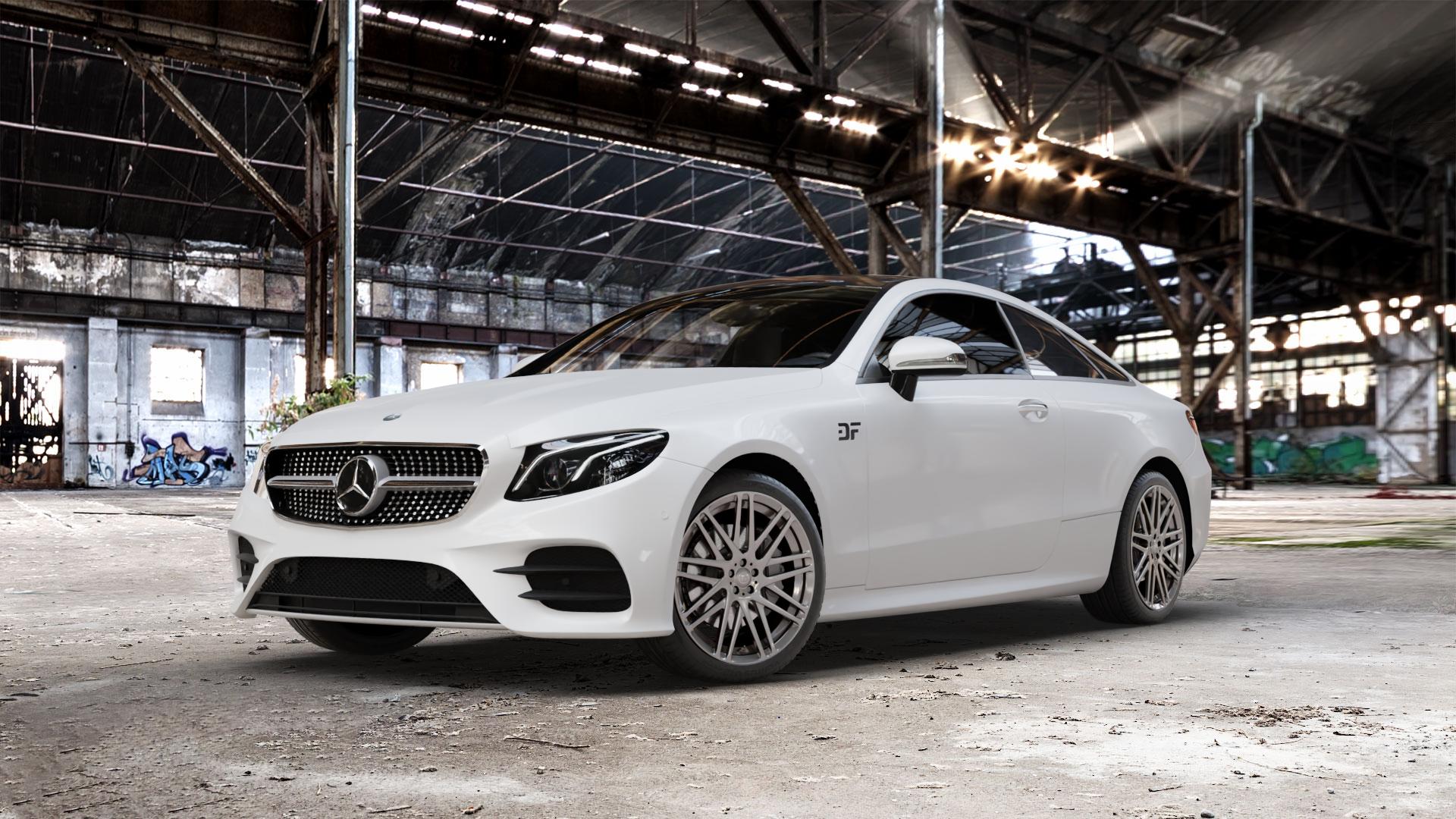 Brabus Monoblock F Liquid Titanium Felge mit Reifen grau anthrazit metallic in 19Zoll Winterfelge Alufelge auf weissem Mercedes E-Klasse Typ C238 Coupe (R1EC) ⬇️ mit 15mm Tieferlegung ⬇️ Old Industrial Hall_max_5300mm_2024 Frontansicht_1