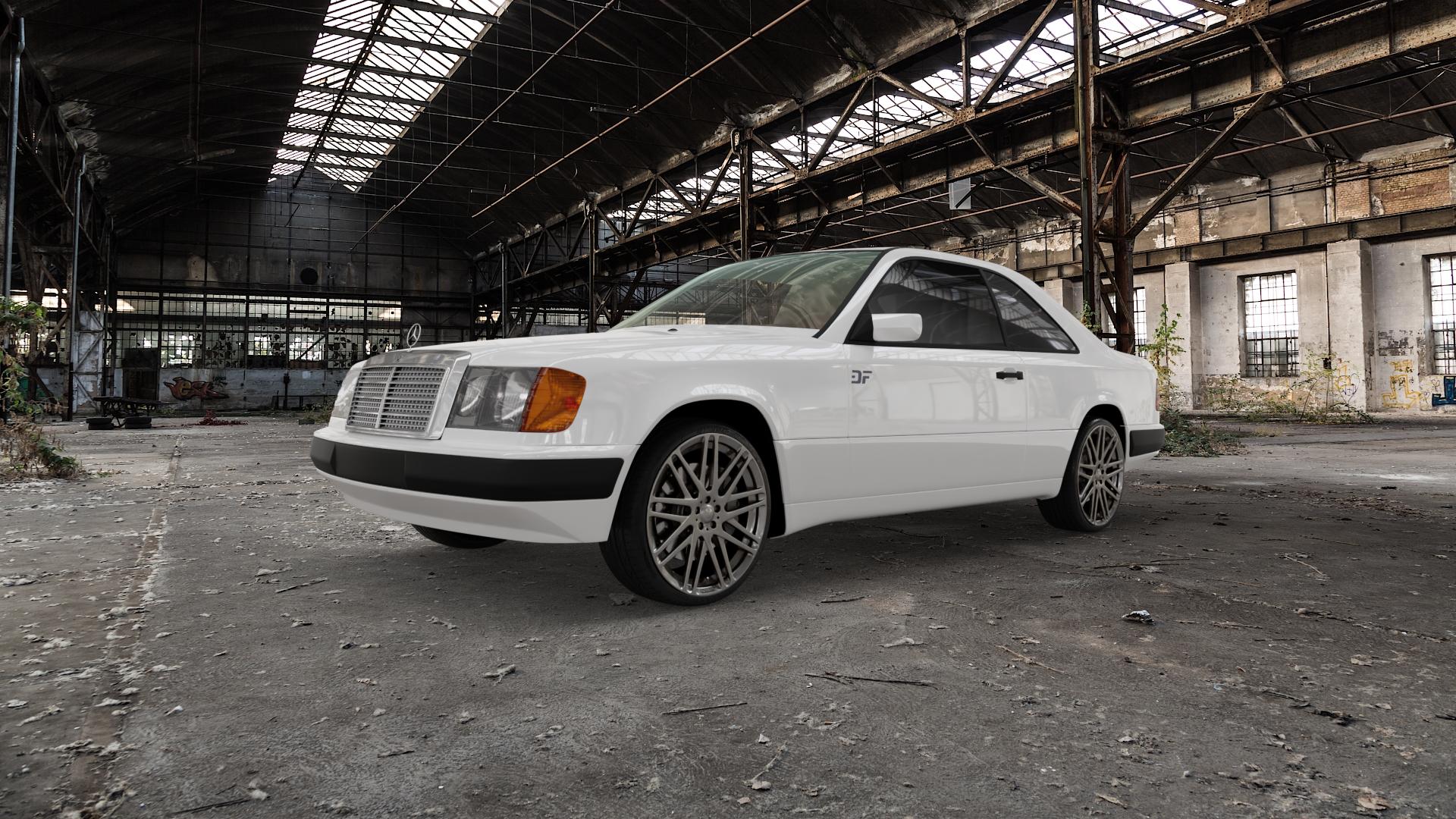 Brabus Monoblock F Liquid Titanium Felge mit Reifen grau anthrazit metallic in 19Zoll Winterfelge Alufelge auf weissem Mercedes E-Klasse Typ W124 Coupe ⬇️ mit 15mm Tieferlegung ⬇️ Old Industrial Hall_max5000mm_2022 Frontansicht_1