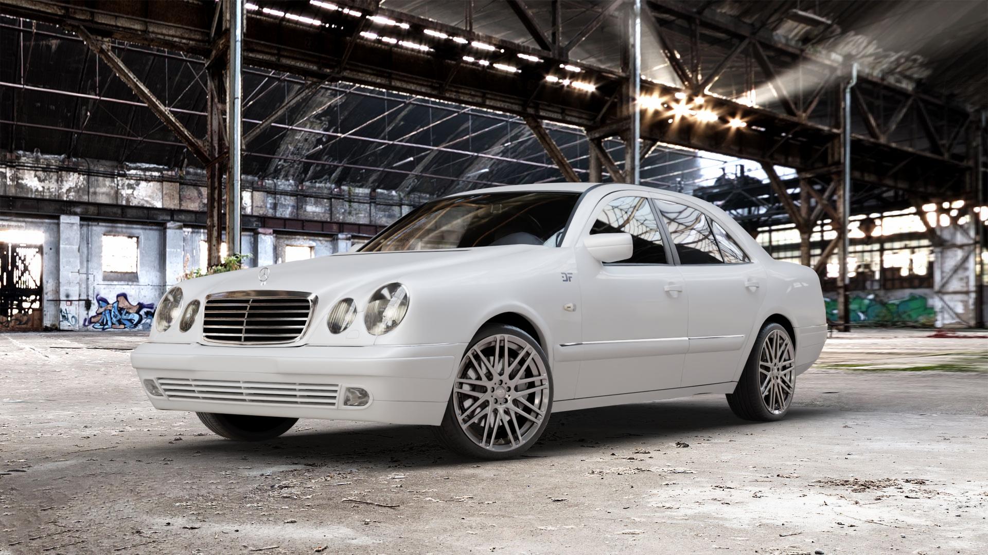Brabus Monoblock F Liquid Titanium Felge mit Reifen grau anthrazit metallic in 19Zoll Winterfelge Alufelge auf weissem Mercedes E-Klasse Typ W210 Limousine ⬇️ mit 15mm Tieferlegung ⬇️ Old Industrial Hall_max_5300mm_2024 Frontansicht_1