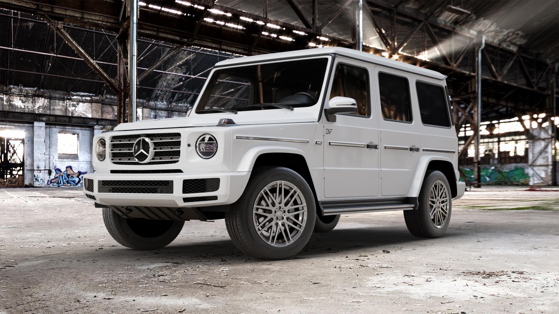 Brabus Monoblock F Liquid Titanium Felge mit Reifen grau anthrazit metallic in 19Zoll Winterfelge Alufelge auf weissem Mercedes G-Klasse Typ W463 Facelift (18->) ⬇️ mit 15mm Tieferlegung ⬇️ Old Industrial Hall_max_5300mm_2024 Frontansicht_1