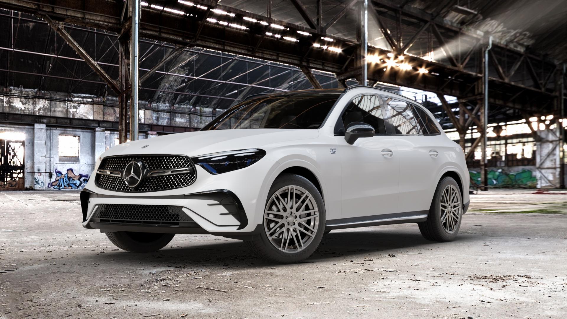 Brabus Monoblock F Liquid Titanium Felge mit Reifen grau anthrazit metallic in 19Zoll Winterfelge Alufelge auf weissem Mercedes GLC-Klasse Typ X254 ⬇️ mit 15mm Tieferlegung ⬇️ Old Industrial Hall_max_5300mm_2024 Frontansicht_1
