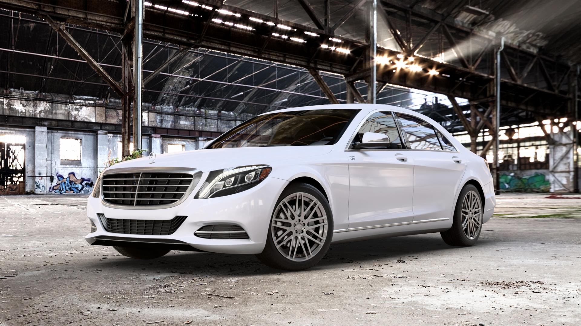 Brabus Monoblock F Liquid Titanium Felge mit Reifen grau anthrazit metallic in 19Zoll Winterfelge Alufelge auf weissem Mercedes S-Klasse Typ W222 Facelift ⬇️ mit 15mm Tieferlegung ⬇️ Old Industrial Hall_max_5300mm_2024 Frontansicht_1
