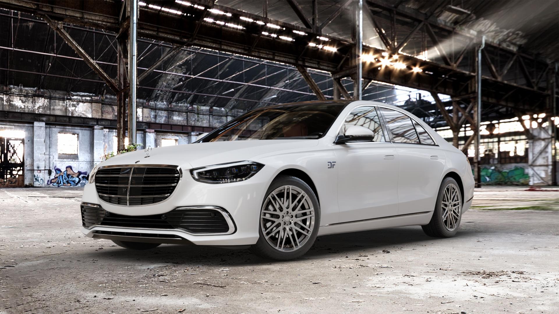 Brabus Monoblock F Liquid Titanium Felge mit Reifen grau anthrazit metallic in 19Zoll Winterfelge Alufelge auf weissem Mercedes S-Klasse Typ W223 (R2S) ⬇️ mit 15mm Tieferlegung ⬇️ Old Industrial Hall_max_5300mm_2024 Frontansicht_1