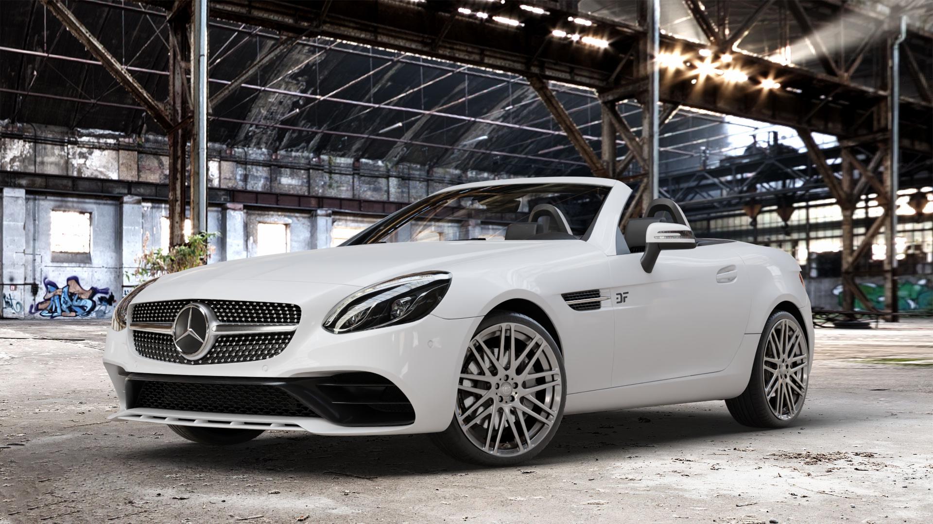 Brabus Monoblock F Liquid Titanium Felge mit Reifen grau anthrazit metallic in 19Zoll Winterfelge Alufelge auf weissem Mercedes SLK Typ R172 ⬇️ mit 15mm Tieferlegung ⬇️ Old Industrial Hall_max_4400mm_2024 Frontansicht_1