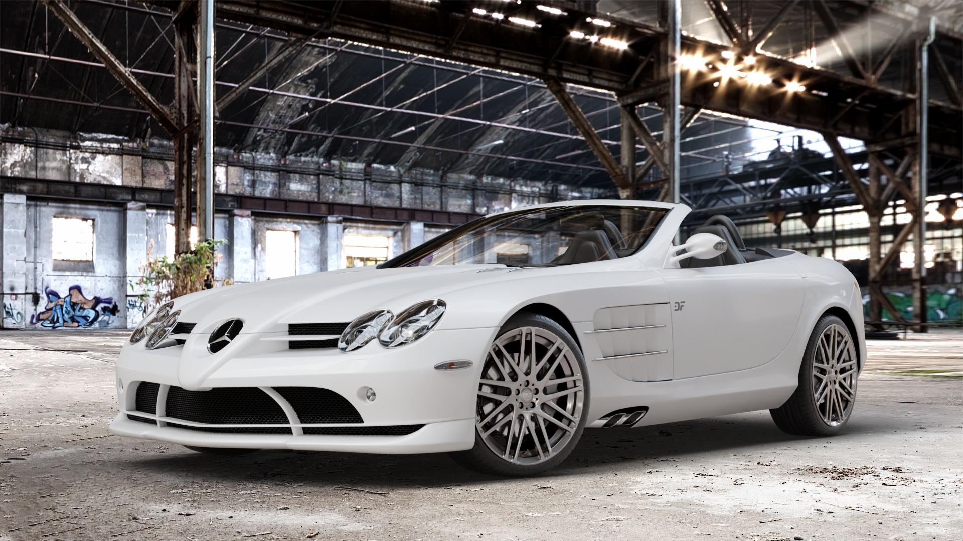 Brabus Monoblock F Liquid Titanium Felge mit Reifen grau anthrazit metallic in 19Zoll Winterfelge Alufelge auf weissem Mercedes SLR Typ R199 Roadster ⬇️ mit 15mm Tieferlegung ⬇️ Old Industrial Hall_max_4400mm_2024 Frontansicht_1