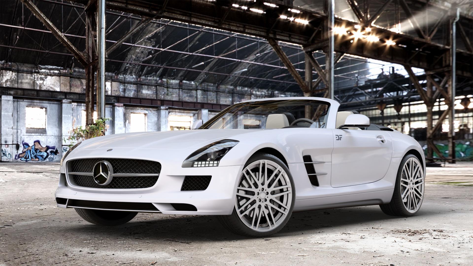 Brabus Monoblock F Platinum Brushed Finish Felge mit Reifen silber in 20Zoll Alufelge auf weissem Mercedes SLS Typ C197 Roadster 6,2l AMG 420kW (571 PS) GT 435kW (591 ⬇️ mit 15mm Tieferlegung ⬇️ Old Industrial Hall_max_4400mm_2024 Frontansicht_1