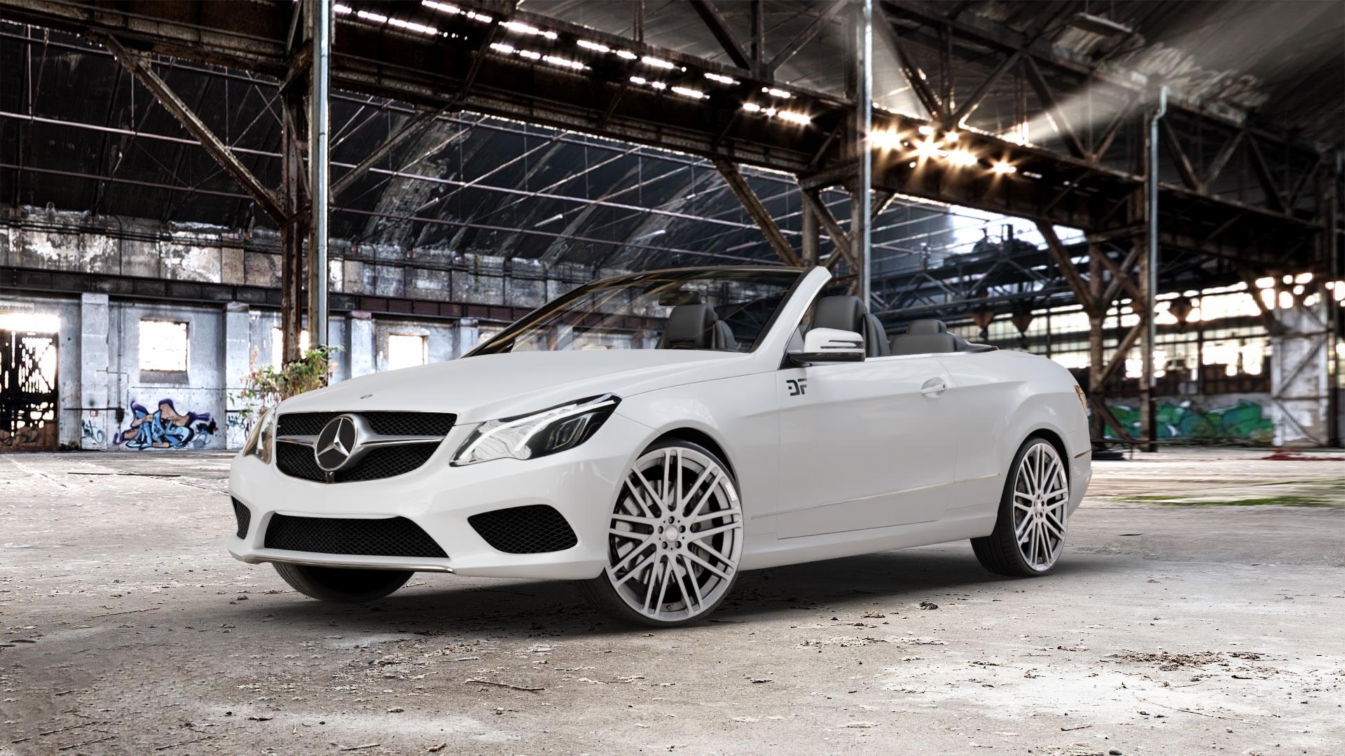 Brabus Monoblock F Platinum Brushed Finish Felge mit Reifen silber in 21Zoll Alufelge auf weissem Mercedes E-Klasse Typ A207 Cabriolet Facelift Cabrio ⬇️ mit 15mm Tieferlegung ⬇️ Old Industrial Hall_max_5300mm_2024 Frontansicht_1