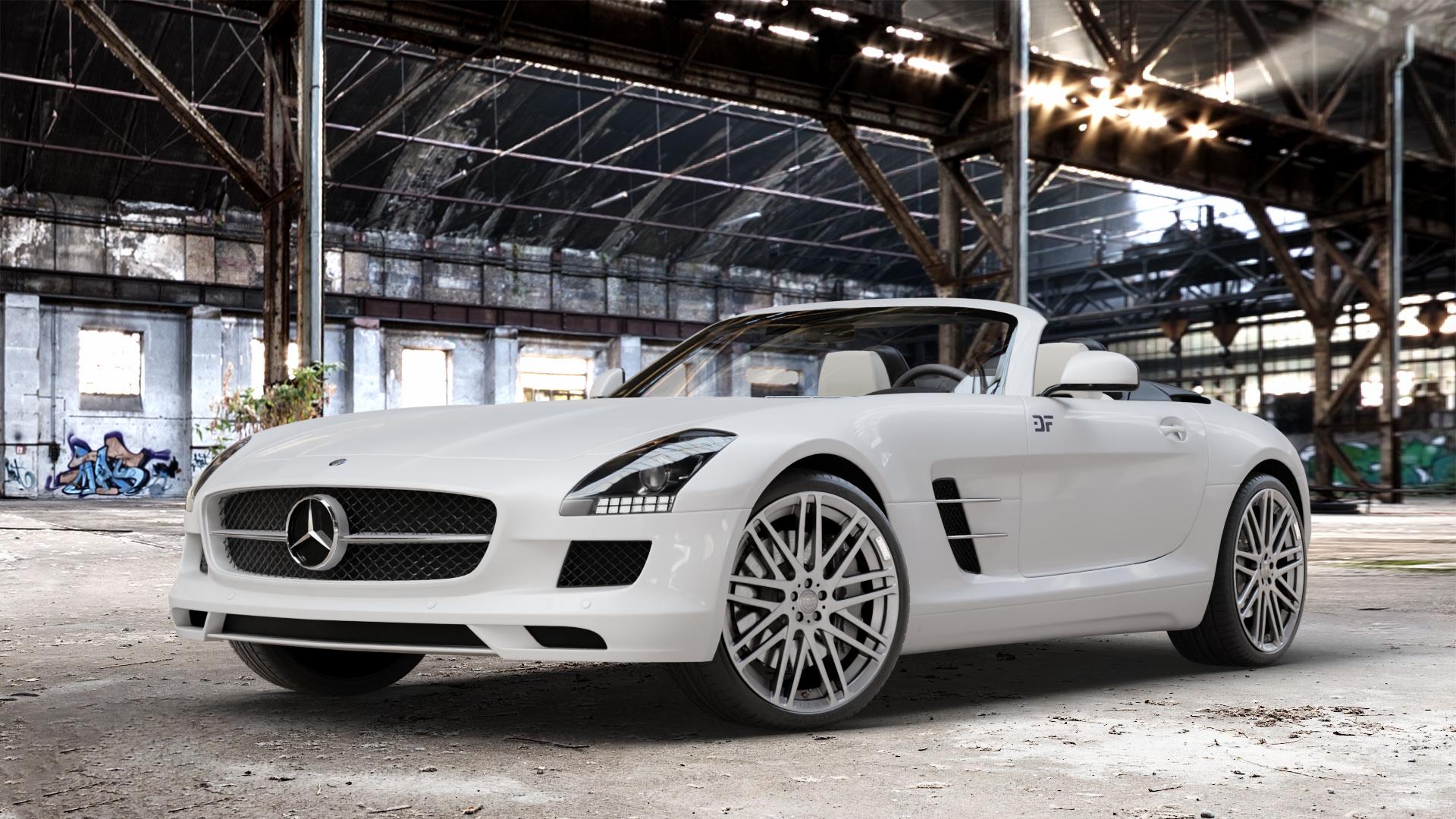 Brabus Monoblock F Platinum Keramikpoliert Felge mit Reifen weiss anthrazit metallic in 20Zoll Alufelge auf weissem Mercedes SLS Typ C197 Roadster 6,2l AMG 420kW (571 PS) GT 435kW (591 ⬇️ mit 15mm Tieferlegung ⬇️ Old Industrial Hall_max_4400mm_2024 Frontansicht_1