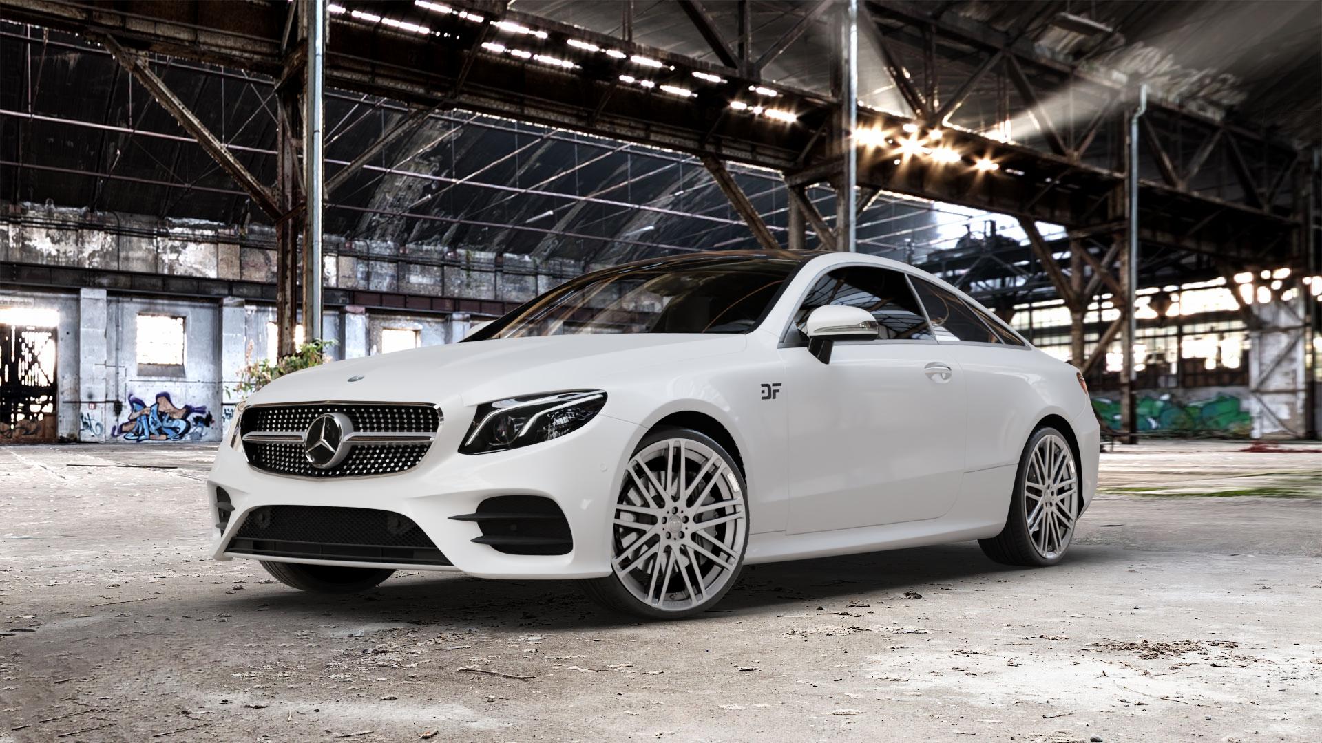 Brabus Monoblock F Platinum Keramikpoliert Felge mit Reifen weiss anthrazit metallic in 21Zoll Alufelge auf weissem Mercedes E-Klasse Typ C238 Coupe (R1EC) ⬇️ mit 15mm Tieferlegung ⬇️ Old Industrial Hall_max_5300mm_2024 Frontansicht_1