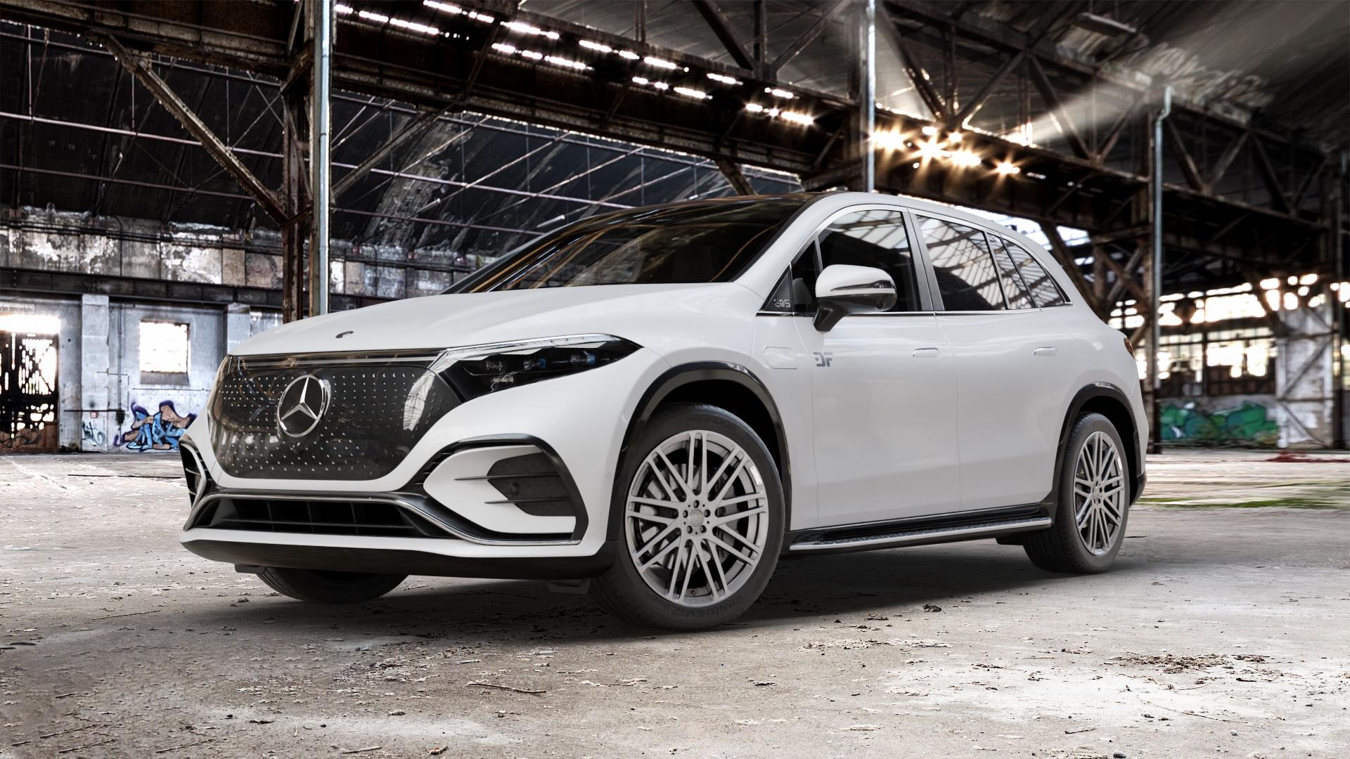 Brabus Monoblock F Platinum Keramikpoliert Felge mit Reifen weiss anthrazit metallic in 21Zoll Alufelge auf weissem Mercedes EQS SUV Typ E2EQSX ⬇️ mit 15mm Tieferlegung ⬇️ Old Industrial Hall_max_5300mm_2024 Frontansicht_1