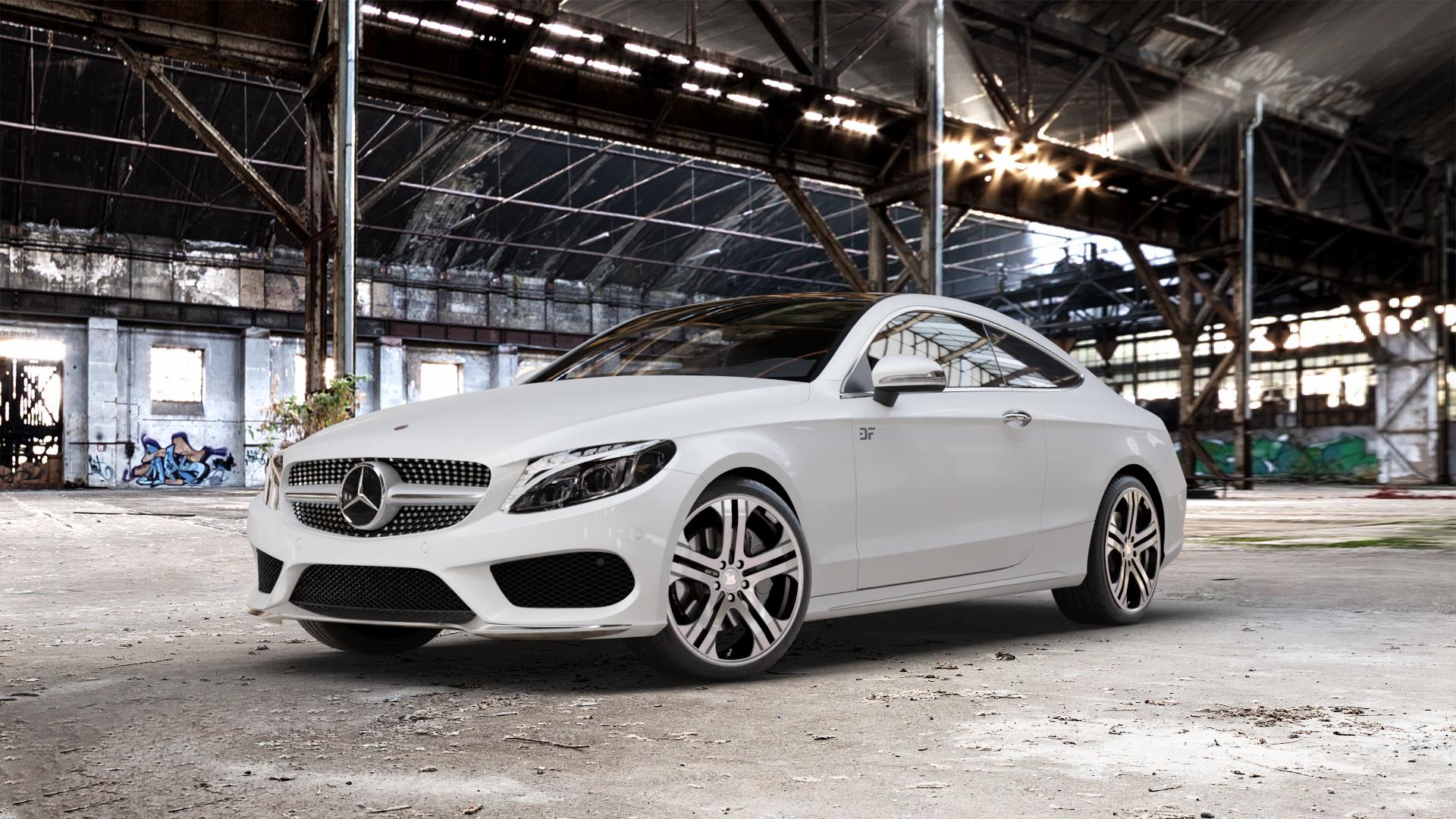 Brabus Monoblock Q Titan vollpoliert Felge mit Reifen grau mehrfarbig in 19Zoll Alufelge auf weissem Mercedes C-Klasse Typ C205 Coupe Facelift ⬇️ mit 15mm Tieferlegung ⬇️ Old Industrial Hall_max_5300mm_2024 Frontansicht_1
