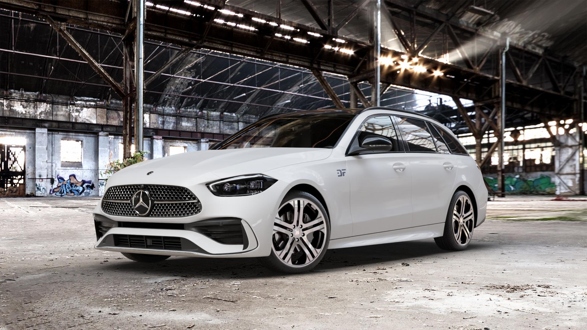 Brabus Monoblock Q Titan vollpoliert Felge mit Reifen grau mehrfarbig in 19Zoll Alufelge auf weissem Mercedes C-Klasse Typ S206 Kombi ⬇️ mit 15mm Tieferlegung ⬇️ Old Industrial Hall_max_5300mm_2024 Frontansicht_1