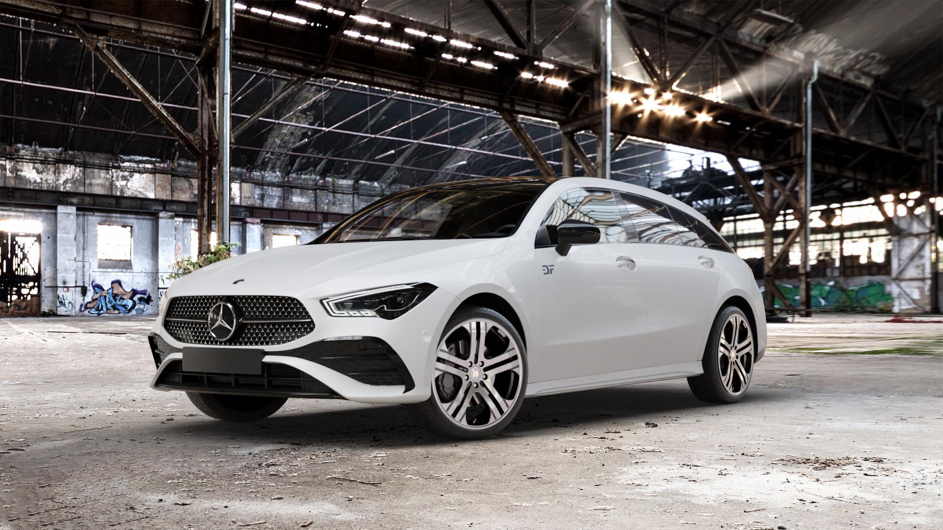 Brabus Monoblock Q Titan vollpoliert Felge mit Reifen grau mehrfarbig in 19Zoll Alufelge auf weissem Mercedes CLA-Klasse II Shooting Brake Typ C118 (F2CLA) Facelift ⬇️ mit 15mm Tieferlegung ⬇️ Old Industrial Hall_max_5300mm_2024 Frontansicht_1