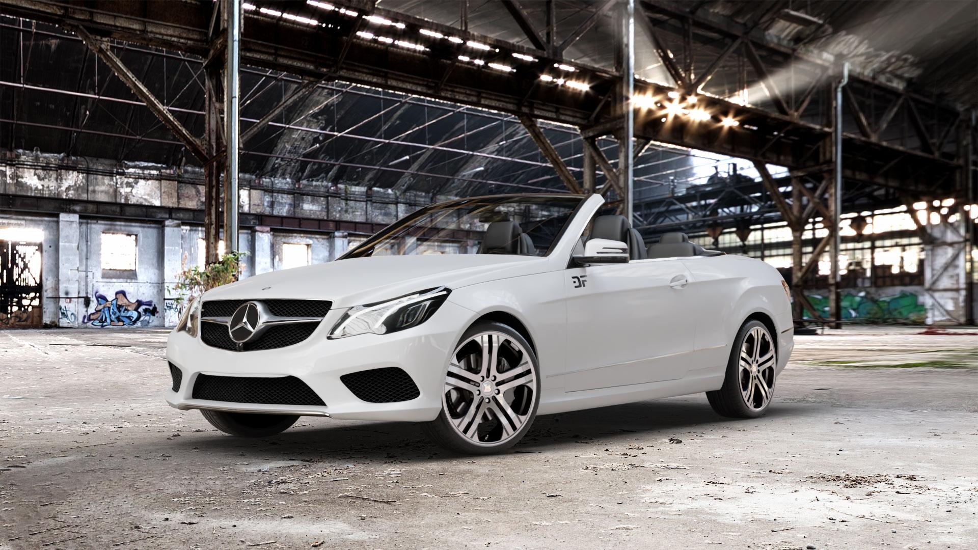 Brabus Monoblock Q Titan vollpoliert Felge mit Reifen grau mehrfarbig in 19Zoll Alufelge auf weissem Mercedes E-Klasse Typ A207 Cabriolet Facelift Cabrio ⬇️ mit 15mm Tieferlegung ⬇️ Old Industrial Hall_max_5300mm_2024 Frontansicht_1