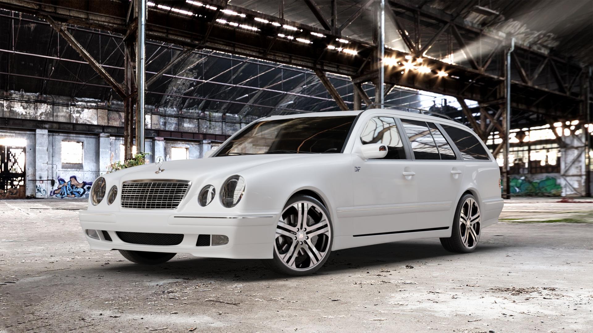 Brabus Monoblock Q Titan vollpoliert Felge mit Reifen grau mehrfarbig in 19Zoll Alufelge auf weissem Mercedes E-Klasse Typ S210 Kombi ⬇️ mit 15mm Tieferlegung ⬇️ Old Industrial Hall_max_5300mm_2024 Frontansicht_1