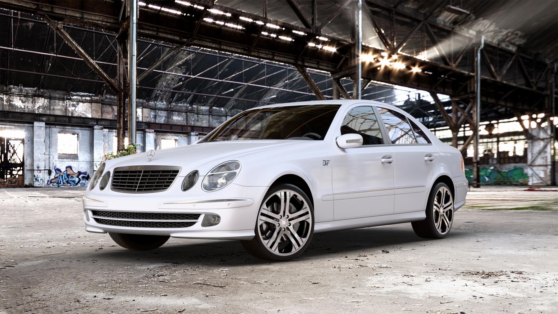 Brabus Monoblock Q Titan vollpoliert Felge mit Reifen grau mehrfarbig in 19Zoll Alufelge auf weissem Mercedes E-Klasse Typ W211 Limousine ⬇️ mit 15mm Tieferlegung ⬇️ Old Industrial Hall_max_5300mm_2024 Frontansicht_1