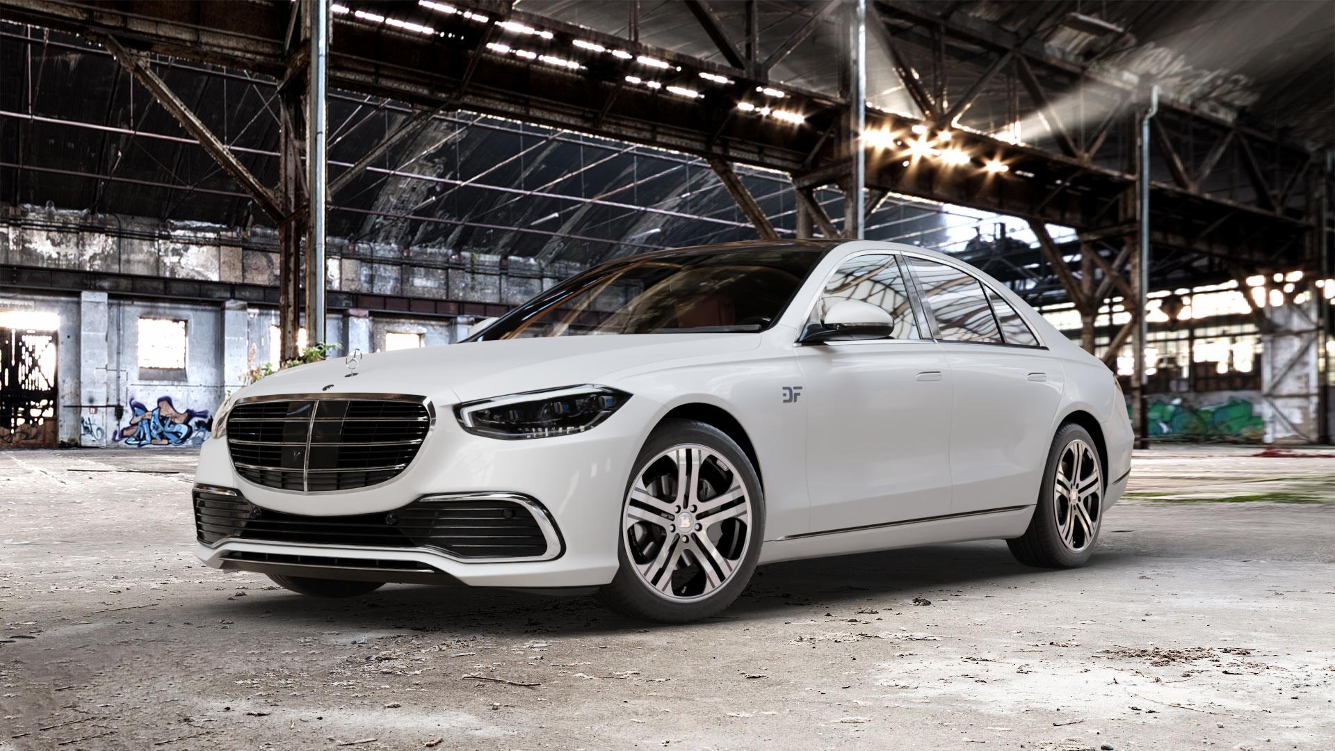 Brabus Monoblock Q Titan vollpoliert Felge mit Reifen grau mehrfarbig in 19Zoll Alufelge auf weissem Mercedes S-Klasse Typ W223 (R2S) ⬇️ mit 15mm Tieferlegung ⬇️ Old Industrial Hall_max_5300mm_2024 Frontansicht_1