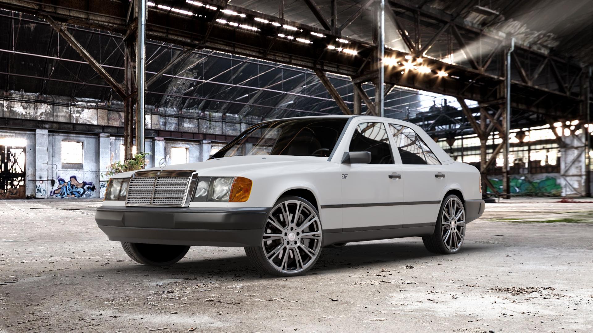 Brabus Monoblock R Liquid Titanium smoked Felge mit Reifen grau anthrazit metallic in 20Zoll Winterfelge Alufelge auf weissem Mercedes E-Klasse Typ W124 Limousine ⬇️ mit 15mm Tieferlegung ⬇️ Old Industrial Hall_max_5300mm_2024 Frontansicht_1