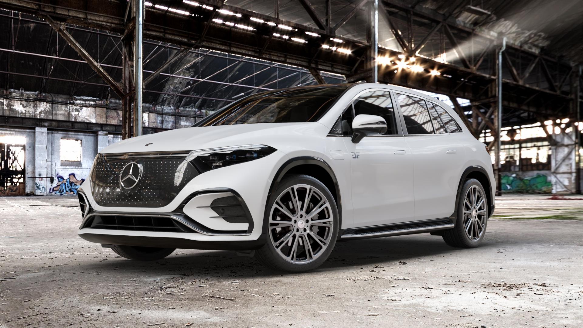 Brabus Monoblock R Liquid Titanium smoked Felge mit Reifen grau anthrazit metallic in 22Zoll Winterfelge Alufelge auf weissem Mercedes EQS SUV Typ E2EQSX ⬇️ mit 15mm Tieferlegung ⬇️ Old Industrial Hall_max_5300mm_2024 Frontansicht_1