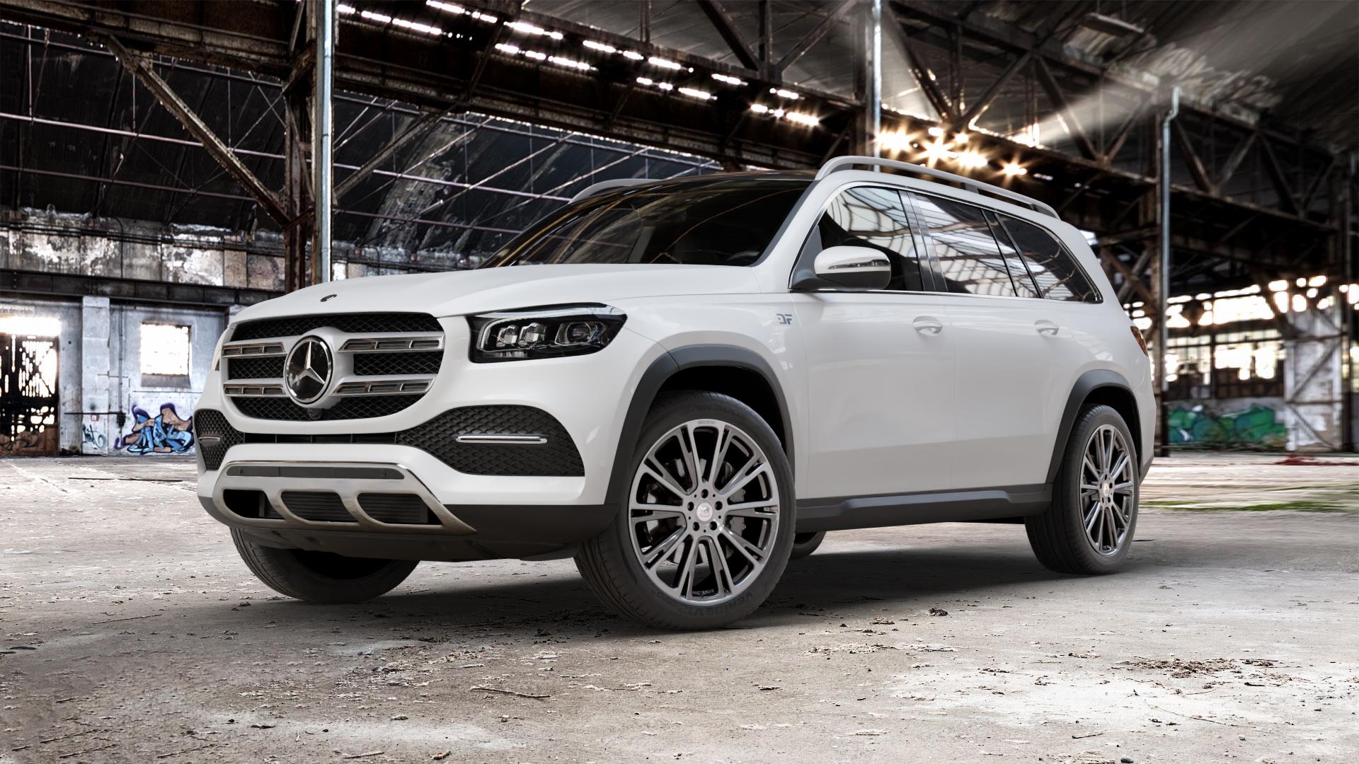 Brabus Monoblock R Liquid Titanium smoked Felge mit Reifen grau anthrazit metallic in 22Zoll Winterfelge Alufelge auf weissem Mercedes GLS-Klasse Typ 167 (H1GLE) 2,9l 350 d 4Matic 210kW (286 PS) 400 243kW (330 4,0l 580 360kW Mild-Hybrid (489 ⬇️ mit 15mm Tieferlegung ⬇️ Old Industrial Hall_max_5300mm_2024 Frontansicht_1