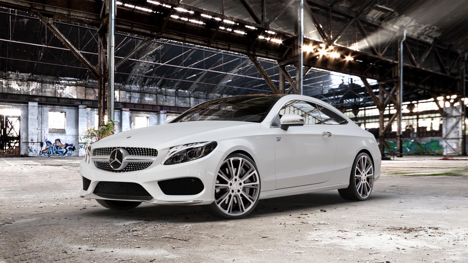 Brabus Monoblock R Platinum Titan vollpoliert mit Matt Finish Felge mit Reifen grau mehrfarbig in 20Zoll Alufelge auf weissem Mercedes C-Klasse Typ C205 Coupe Facelift ⬇️ mit 15mm Tieferlegung ⬇️ Old Industrial Hall_max_5300mm_2024 Frontansicht_1