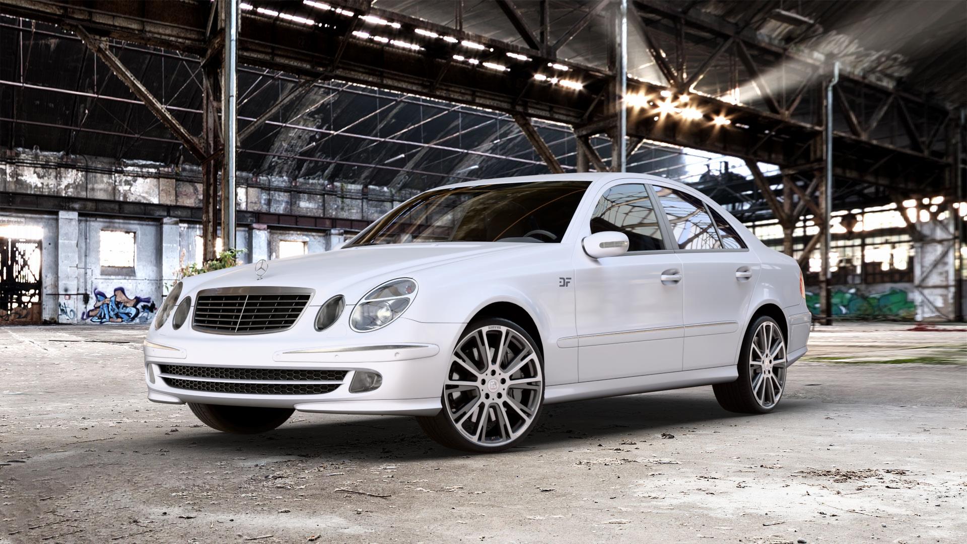 Brabus Monoblock R Platinum Titan vollpoliert mit Matt Finish Felge mit Reifen grau mehrfarbig in 20Zoll Alufelge auf weissem Mercedes E-Klasse Typ W211 Limousine ⬇️ mit 15mm Tieferlegung ⬇️ Old Industrial Hall_max_5300mm_2024 Frontansicht_1