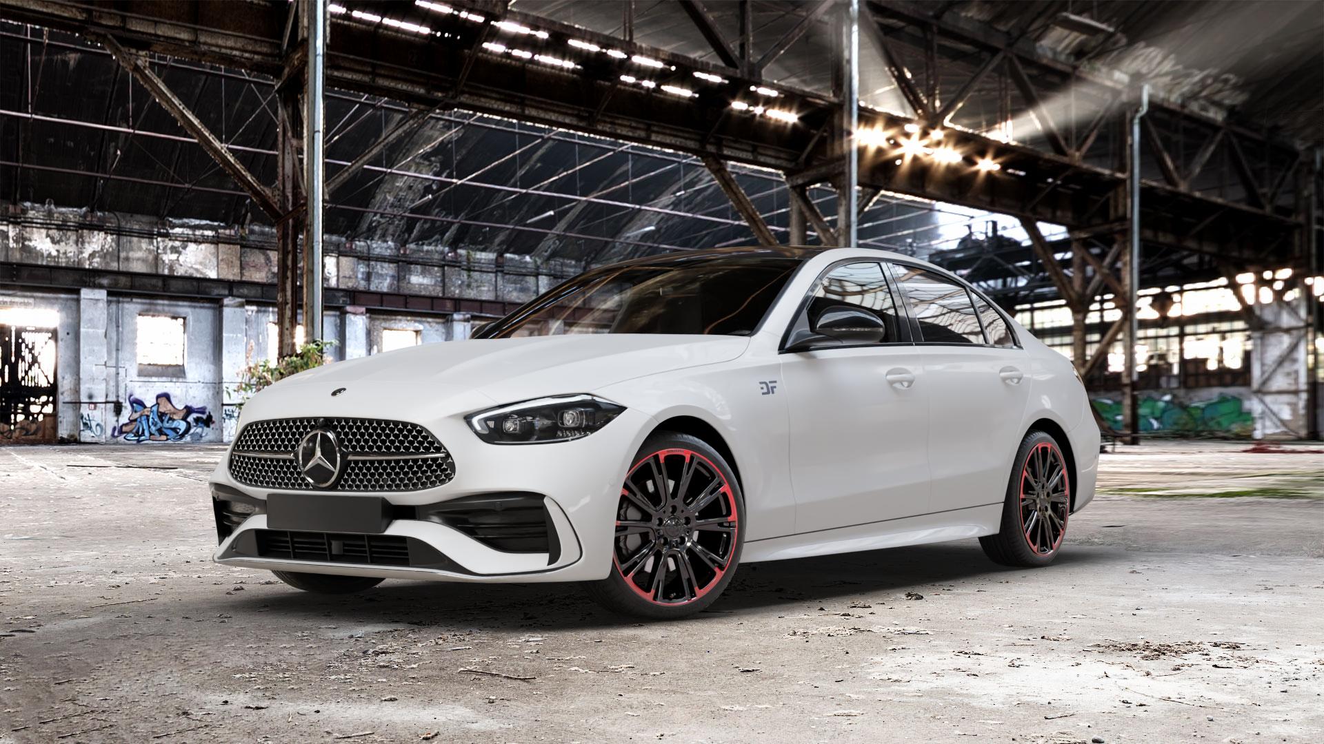 Brabus Monoblock R Schwarz glänzend mit roten Zierelementen Felge mit Reifen mehrfarbig in 19Zoll Winterfelge Alufelge auf weissem Mercedes C-Klasse Typ W206 Limousine ⬇️ mit 15mm Tieferlegung ⬇️ Old Industrial Hall_max_5300mm_2024 Frontansicht_1