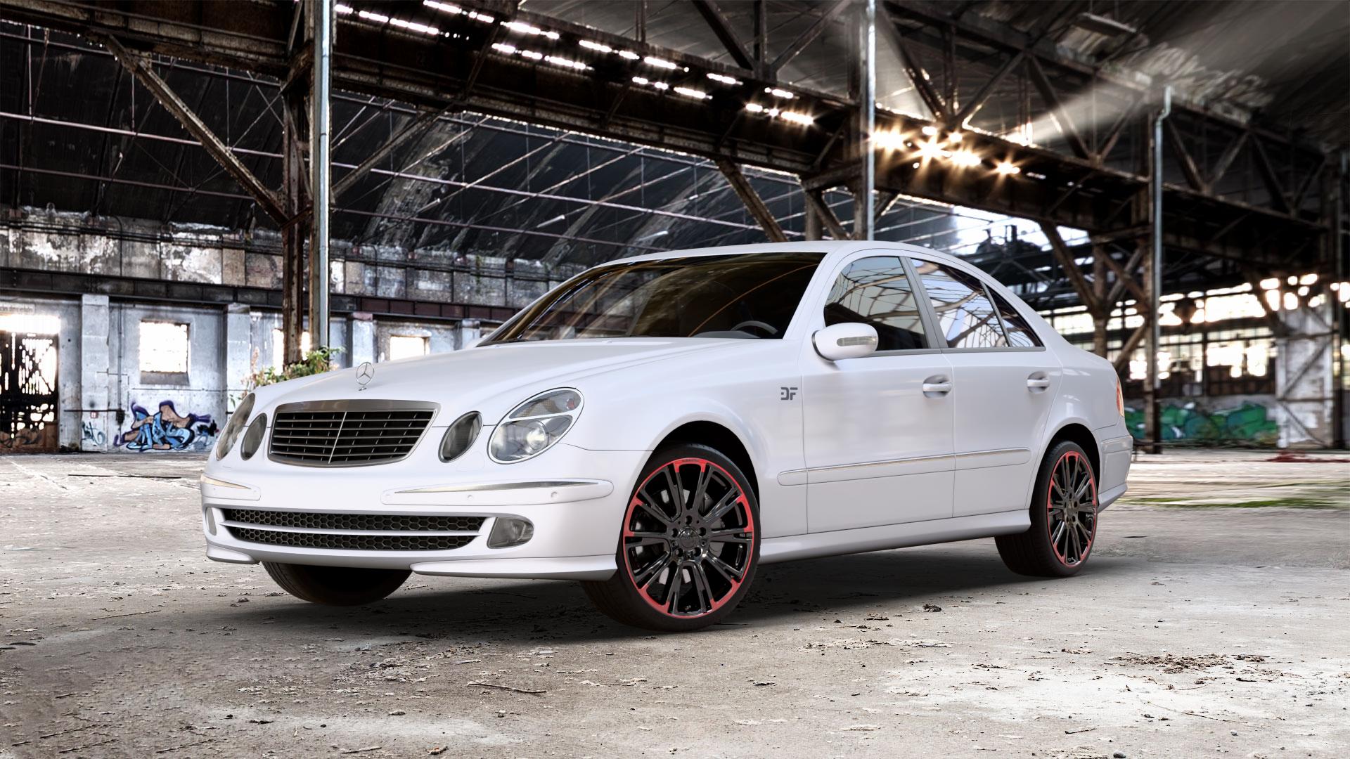 Brabus Monoblock R Schwarz glänzend mit roten Zierelementen Felge mit Reifen mehrfarbig in 19Zoll Winterfelge Alufelge auf weissem Mercedes E-Klasse Typ W211 Limousine ⬇️ mit 15mm Tieferlegung ⬇️ Old Industrial Hall_max_5300mm_2024 Frontansicht_1