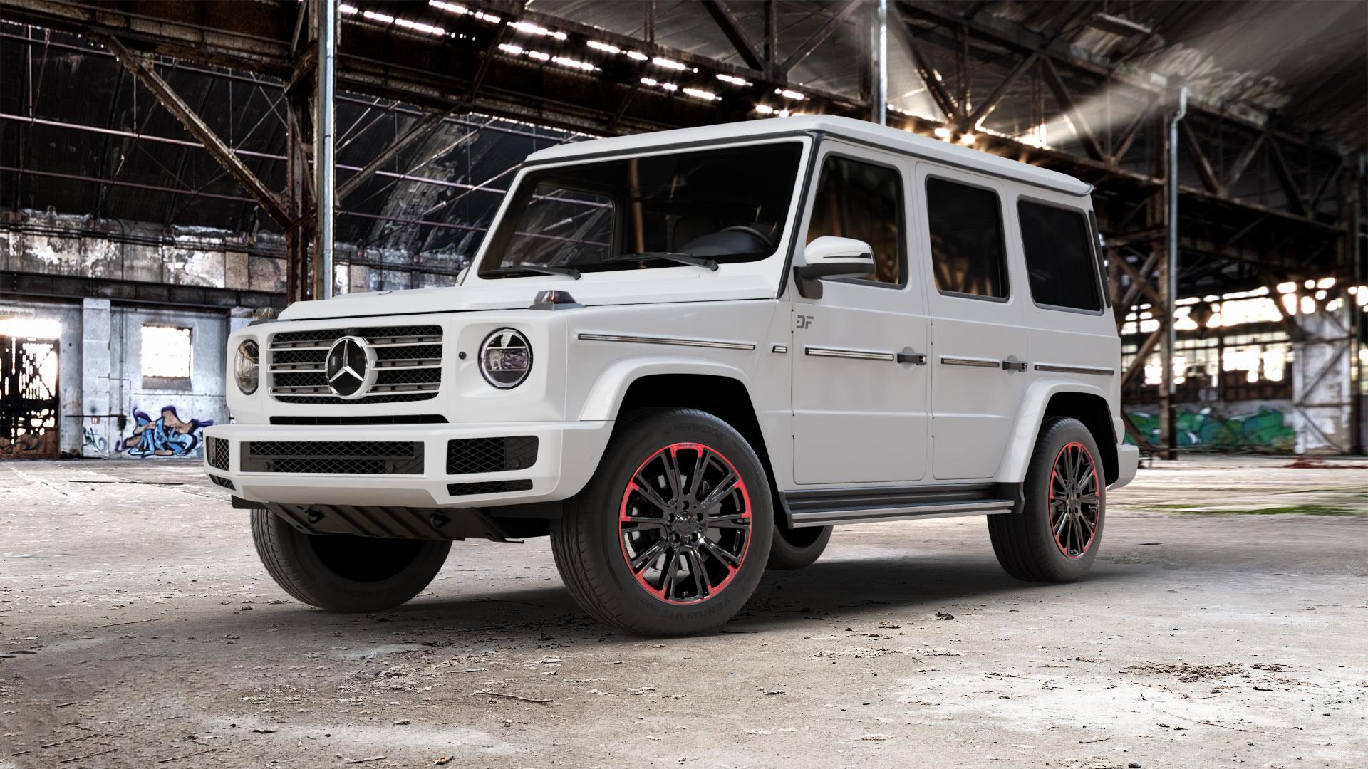 Brabus Monoblock R Schwarz glänzend mit roten Zierelementen Felge mit Reifen mehrfarbig in 19Zoll Winterfelge Alufelge auf weissem Mercedes G-Klasse Typ W463 Facelift (18->) ⬇️ mit 15mm Tieferlegung ⬇️ Old Industrial Hall_max_5300mm_2024 Frontansicht_1