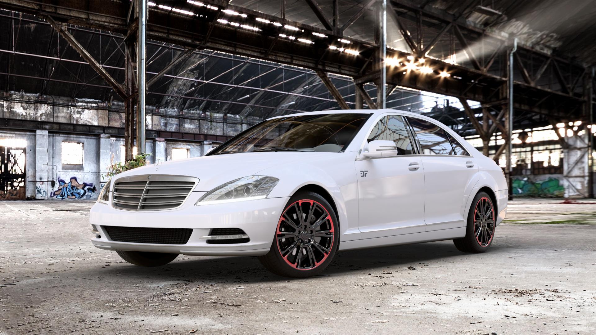Brabus Monoblock R Schwarz glänzend mit roten Zierelementen Felge mit Reifen mehrfarbig in 19Zoll Winterfelge Alufelge auf weissem Mercedes S-Klasse Typ W221 3,5l S 350 200kW (272 PS) 5,5l 500 285kW (387 4,7l 450 250kW (340 3,0l 320 CDI 173kW (235 4,0l 420 235kW (320 6,2l 63 AMG 386kW (525 4 ⬇️ mit 15mm Tieferlegung ⬇️ Old Industrial Hall_max_5300mm_2024 Frontansicht_1