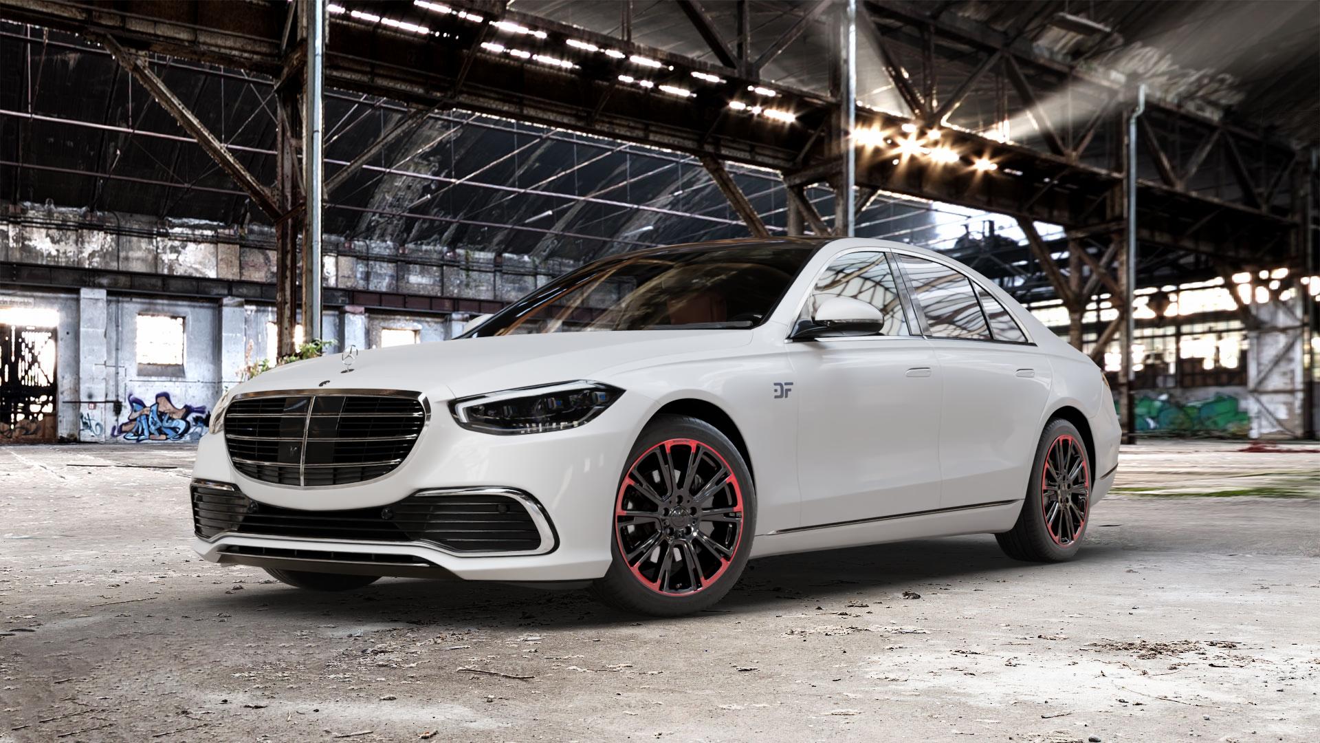 Brabus Monoblock R Schwarz glänzend mit roten Zierelementen Felge mit Reifen mehrfarbig in 19Zoll Winterfelge Alufelge auf weissem Mercedes S-Klasse Typ W223 (R2S) ⬇️ mit 15mm Tieferlegung ⬇️ Old Industrial Hall_max_5300mm_2024 Frontansicht_1
