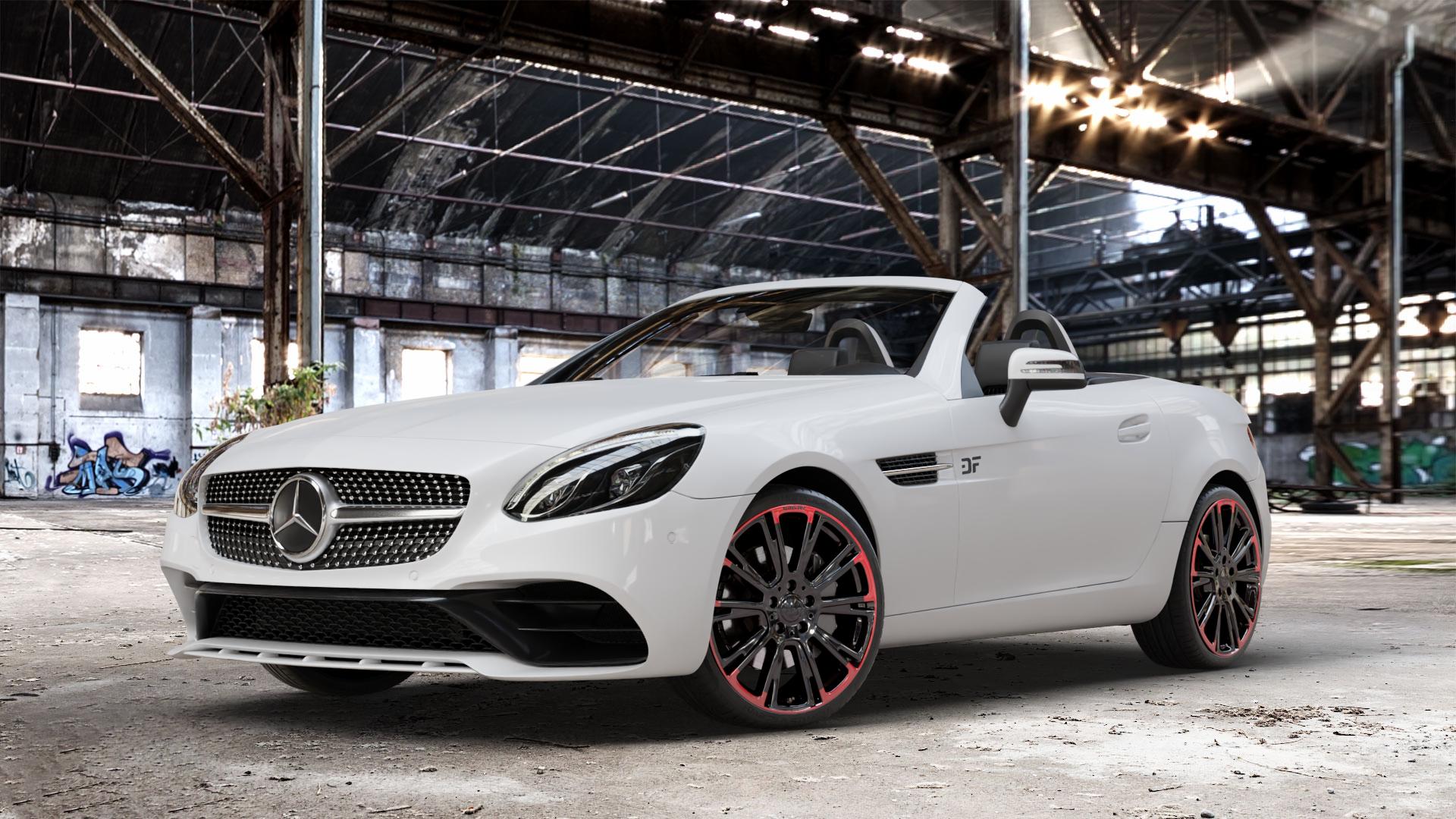 Brabus Monoblock R Schwarz glänzend mit roten Zierelementen Felge mit Reifen mehrfarbig in 19Zoll Winterfelge Alufelge auf weissem Mercedes SLK Typ R172 ⬇️ mit 15mm Tieferlegung ⬇️ Old Industrial Hall_max_4400mm_2024 Frontansicht_1