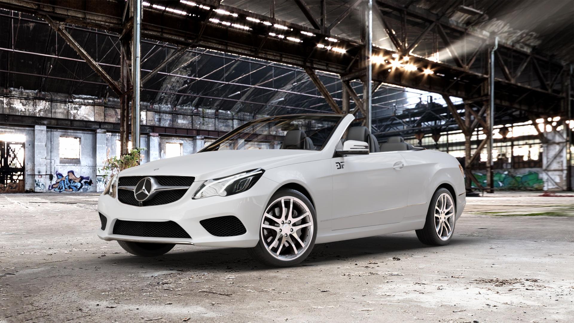 Brabus Monoblock S Silber vollpoliert Felge mit Reifen in 18Zoll Alufelge auf weissem Mercedes E-Klasse Typ A207 Cabriolet Facelift Cabrio ⬇️ mit 15mm Tieferlegung ⬇️ Old Industrial Hall_max_5300mm_2024 Frontansicht_1