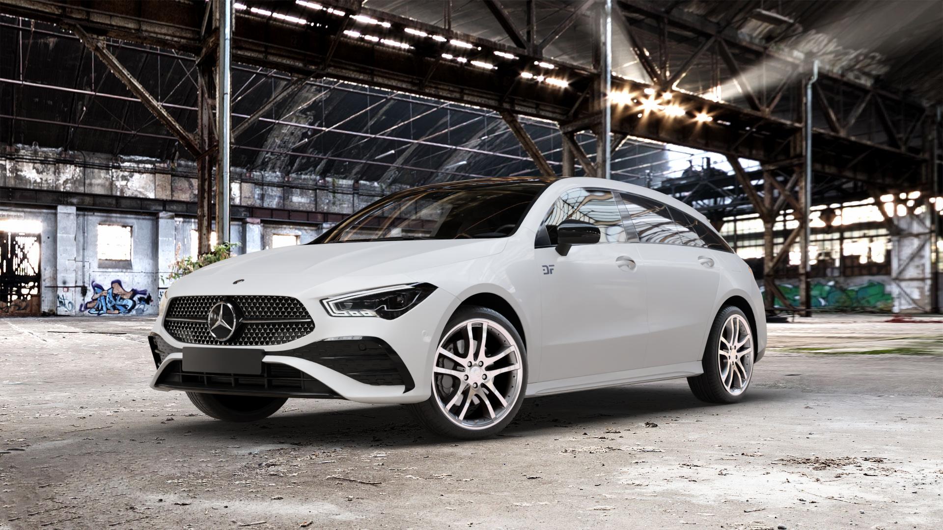 Brabus Monoblock S Silber vollpoliert Felge mit Reifen in 19Zoll Alufelge auf weissem Mercedes CLA-Klasse II Shooting Brake Typ C118 (F2CLA) Facelift ⬇️ mit 15mm Tieferlegung ⬇️ Old Industrial Hall_max_5300mm_2024 Frontansicht_1