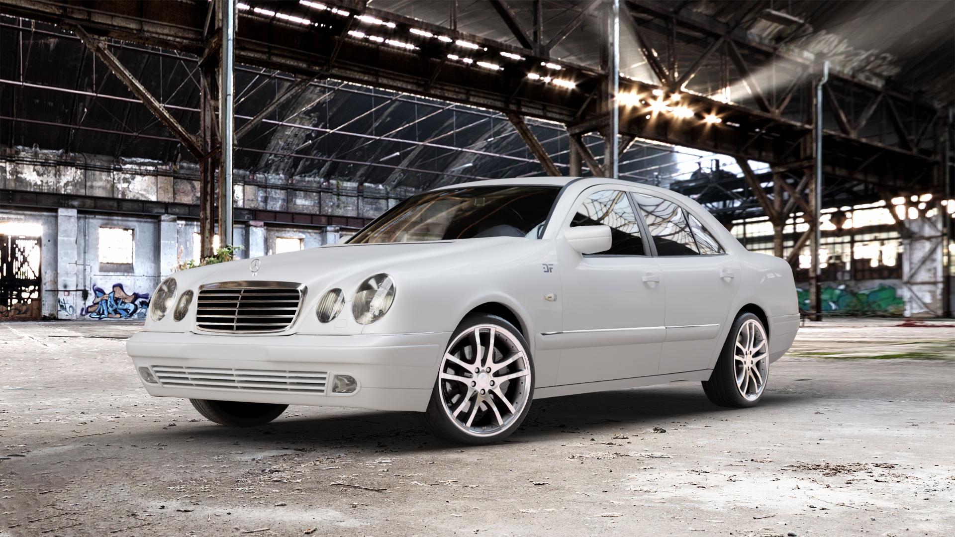 Brabus Monoblock S Silber vollpoliert Felge mit Reifen in 19Zoll Alufelge auf weissem Mercedes E-Klasse Typ W210 Limousine ⬇️ mit 15mm Tieferlegung ⬇️ Old Industrial Hall_max_5300mm_2024 Frontansicht_1