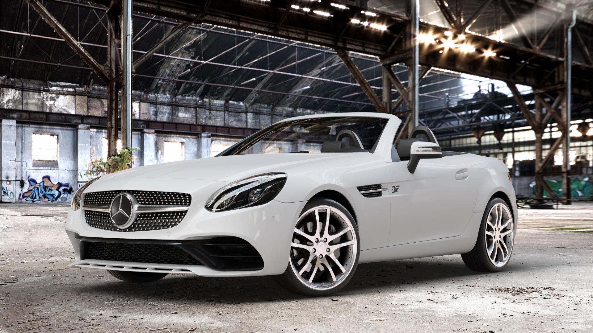 Brabus Monoblock S Silber vollpoliert Felge mit Reifen in 19Zoll Alufelge auf weissem Mercedes SLK Typ R172 ⬇️ mit 15mm Tieferlegung ⬇️ Old Industrial Hall_max_4400mm_2024 Frontansicht_1