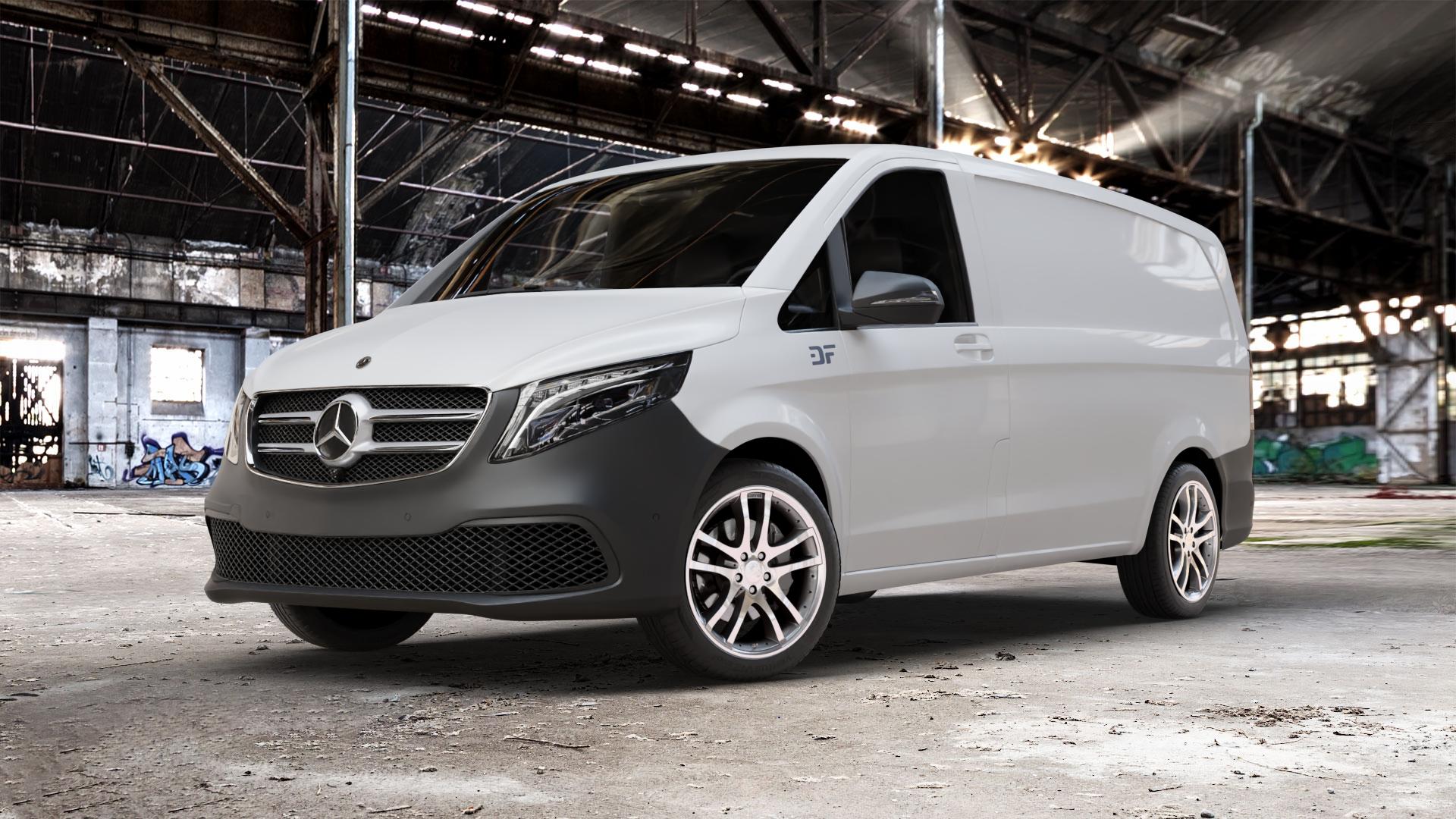 Brabus Monoblock S Silber vollpoliert Felge mit Reifen in 19Zoll Alufelge auf weissem Mercedes Vito Kasten Typ W447 Facelift ⬇️ mit 15mm Tieferlegung ⬇️ Old Industrial Hall_max_5300mm_2024 Frontansicht_1