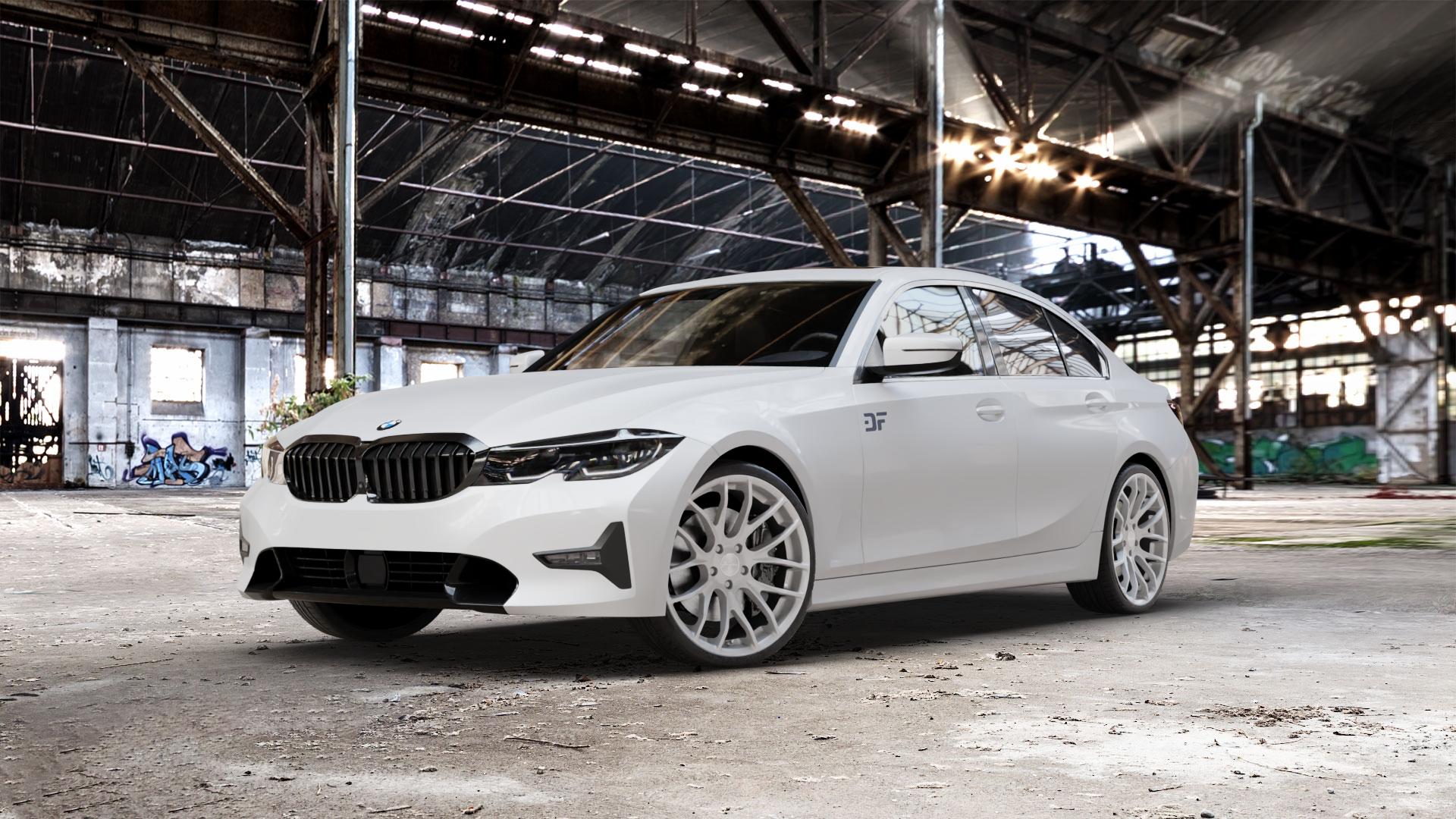 BREYTON Race GTS Hyper Silver Felge mit Reifen silber in 20Zoll Winterfelge Alufelge auf weissem BMW 3er G20 Limousine (G3L) ⬇️ mit 15mm Tieferlegung ⬇️ Old Industrial Hall_max_5300mm_2024 Frontansicht_1