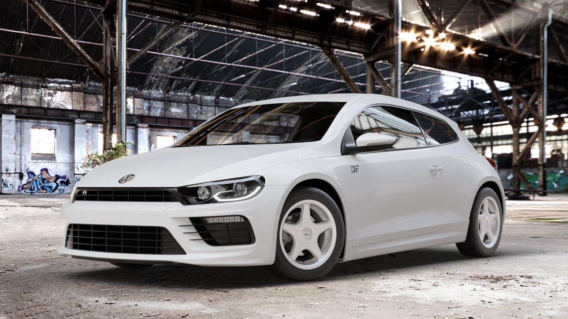 Brock B1 kristallsilber lackiert Felge mit Reifen in 16Zoll Winterfelge Alufelge auf weissem Volkswagen (VW) Scirocco III Typ 13 Facelift ⬇️ mit 15mm Tieferlegung ⬇️ Old Industrial Hall_max_4400mm_2024 Frontansicht_1