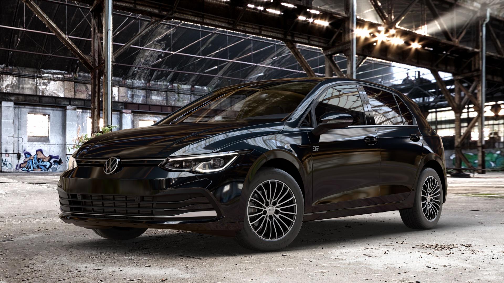 Brock B24 schwarz front-poliert Felge mit Reifen silber mehrfarbig in 16Zoll Alufelge auf metallic schwarzem Volkswagen (VW) Golf 8 1,5l TSI 96kW (131 PS) 110kW (150 2,0l TDI 85kW (116 Mild-Hybrid 1,0l 81kW (110 66kW (90 1,4l Hybrid TGI 4Motion 140kW (190 ⬇️ mit 15mm Tieferlegung ⬇️ Old Industrial Hall_max_4400mm_2024 Frontansicht_1